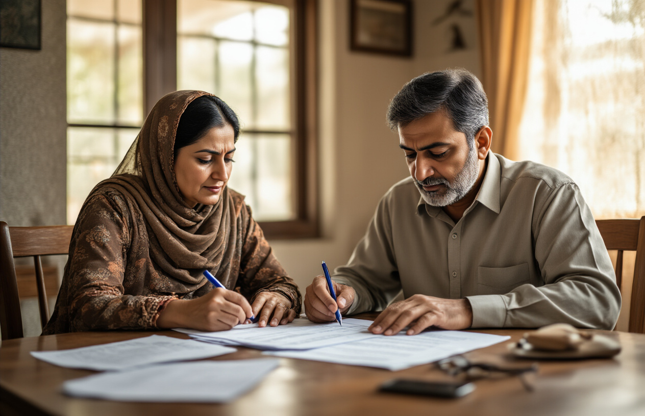 Create a realistic image of a Pakistani family consisting of a middle-aged South Asian male and female sitting at a wooden table in a modest home interior, with the man carefully filling out official government forms using a pen while the woman sits beside him looking at documents, with scattered papers, a smartphone, and reading glasses on the table, warm natural lighting coming through a window, creating a focused and hopeful atmosphere as they work together on an important application process, Absolutely NO text should be in the scene.