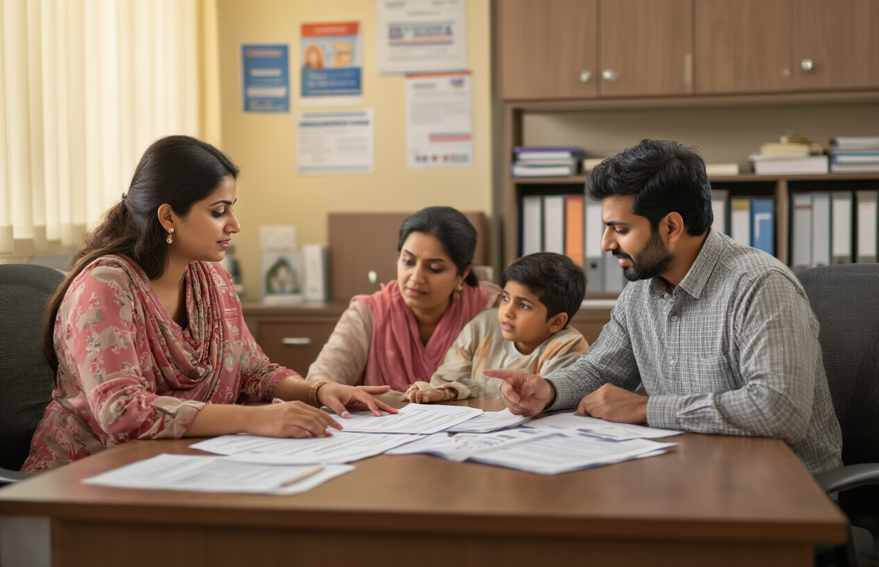 Create a realistic image of a South Asian female social worker sitting at a desk with documents and forms spread out, helping a concerned South Asian family (mother, father, and child) who are seated across from her, the office setting has filing cabinets in the background with government pamphlets on the walls, warm indoor lighting creates a supportive atmosphere, the social worker is pointing to paperwork while explaining solutions to their concerns, absolutely NO text should be in the scene.