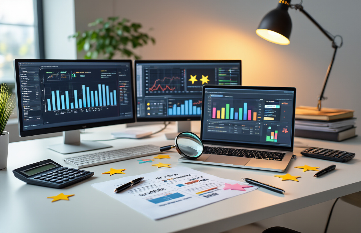 Create a realistic image of a modern office workspace showing a professional evaluation process with a checklist on a desk, multiple computer monitors displaying server performance graphs and uptime statistics, a magnifying glass examining technical specifications, colorful rating stars and checkmarks scattered around documents, a calculator and pen nearby, warm ambient lighting from a desk lamp, clean white desk surface with organized papers showing comparison charts, absolutely NO text should be in the scene.