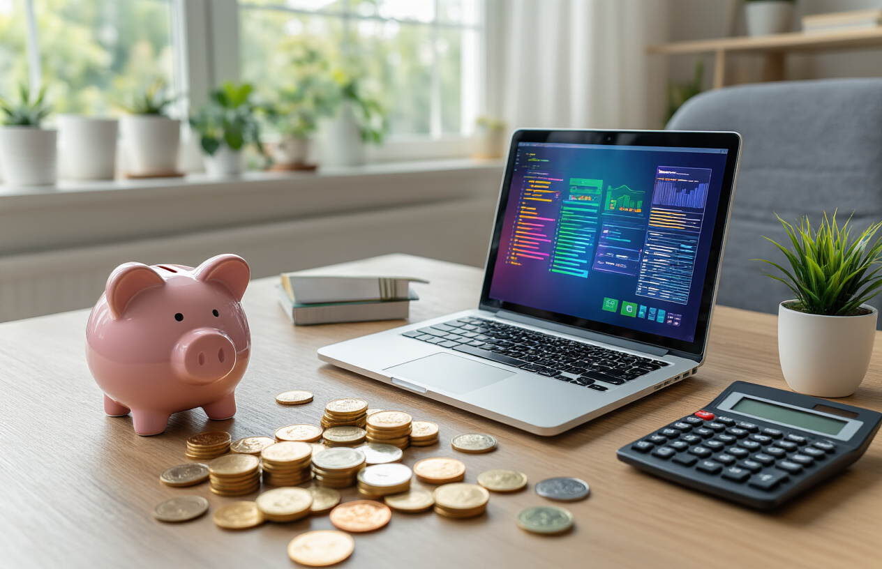 Create a realistic image of a modern home office setup showing a laptop displaying colorful server icons and hosting dashboard interfaces, surrounded by budget-friendly items like a piggy bank, calculator, and coins scattered on a clean wooden desk, with a comfortable chair and soft natural lighting from a nearby window, creating a professional yet cost-conscious atmosphere for web hosting selection, absolutely NO text should be in the scene.