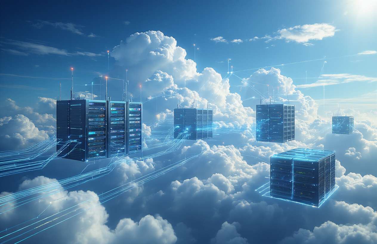 Create a realistic image of modern cloud computing infrastructure with multiple interconnected servers and data centers floating in a bright blue sky with fluffy white clouds, showing glowing fiber optic cables connecting different server racks, digital data streams flowing between cloud formations, and a futuristic network grid overlay, with soft natural lighting creating a sense of limitless scalability and technological advancement, absolutely NO text should be in the scene.