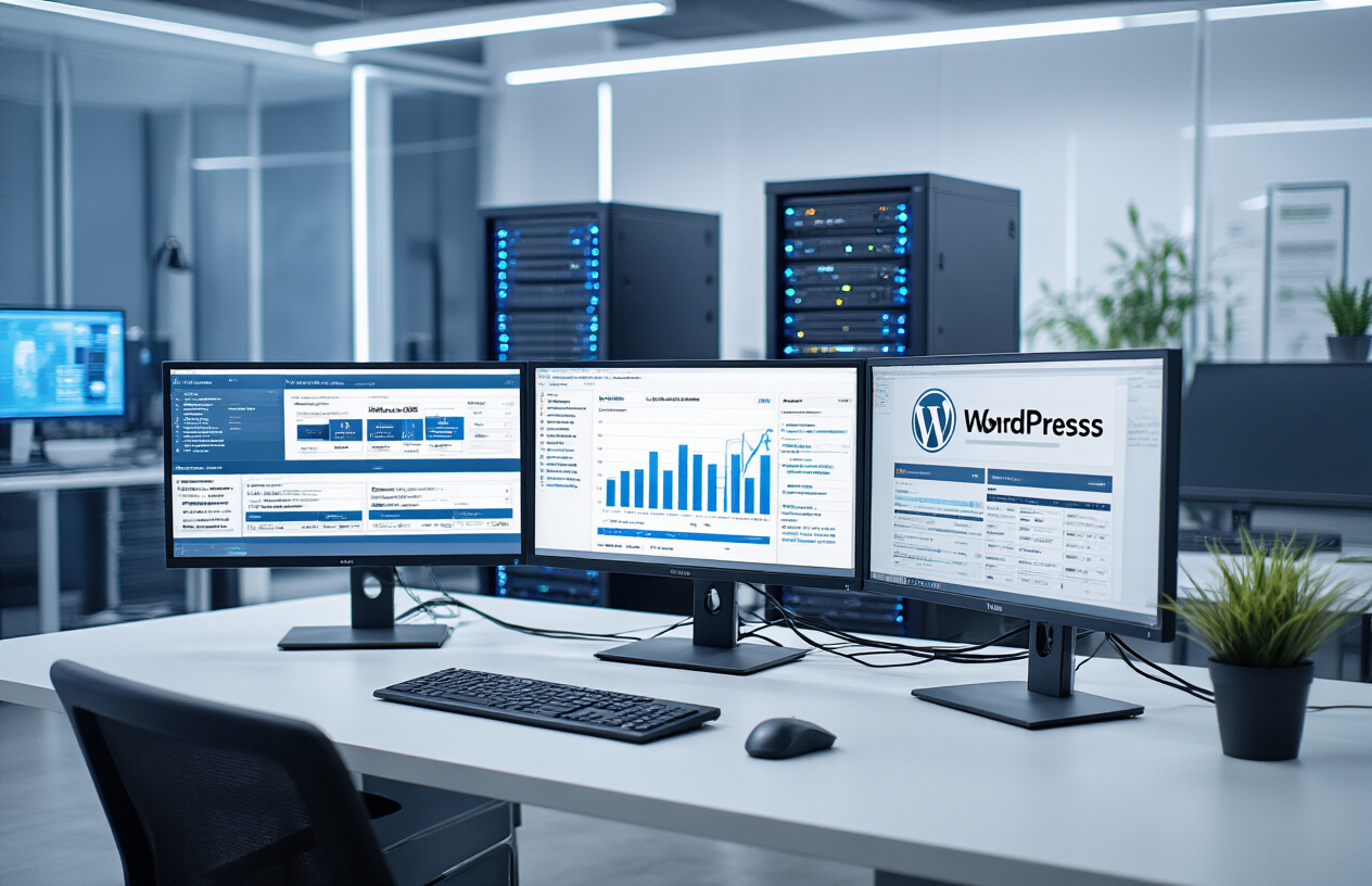 Create a realistic image of a modern computer workstation with multiple monitors displaying WordPress dashboard interfaces and hosting control panels, featuring sleek server hardware in the background, professional lighting with a clean tech office environment, and elegant cable management systems, with a subtle blue and white color scheme that conveys reliability and performance optimization. Absolutely NO text should be in the scene.