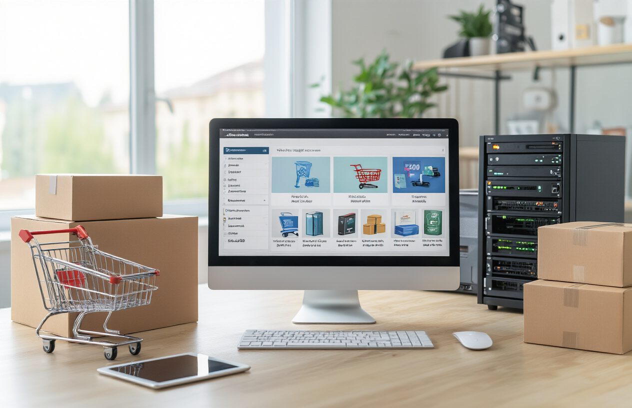 Create a realistic image of a modern desktop computer setup displaying an e-commerce website dashboard with shopping cart icons, product listings, and payment processing elements on the screen, surrounded by shipping boxes, a tablet showing mobile commerce interface, and server equipment in a clean office environment with soft natural lighting from a window, conveying a professional online business atmosphere. Absolutely NO text should be in the scene.