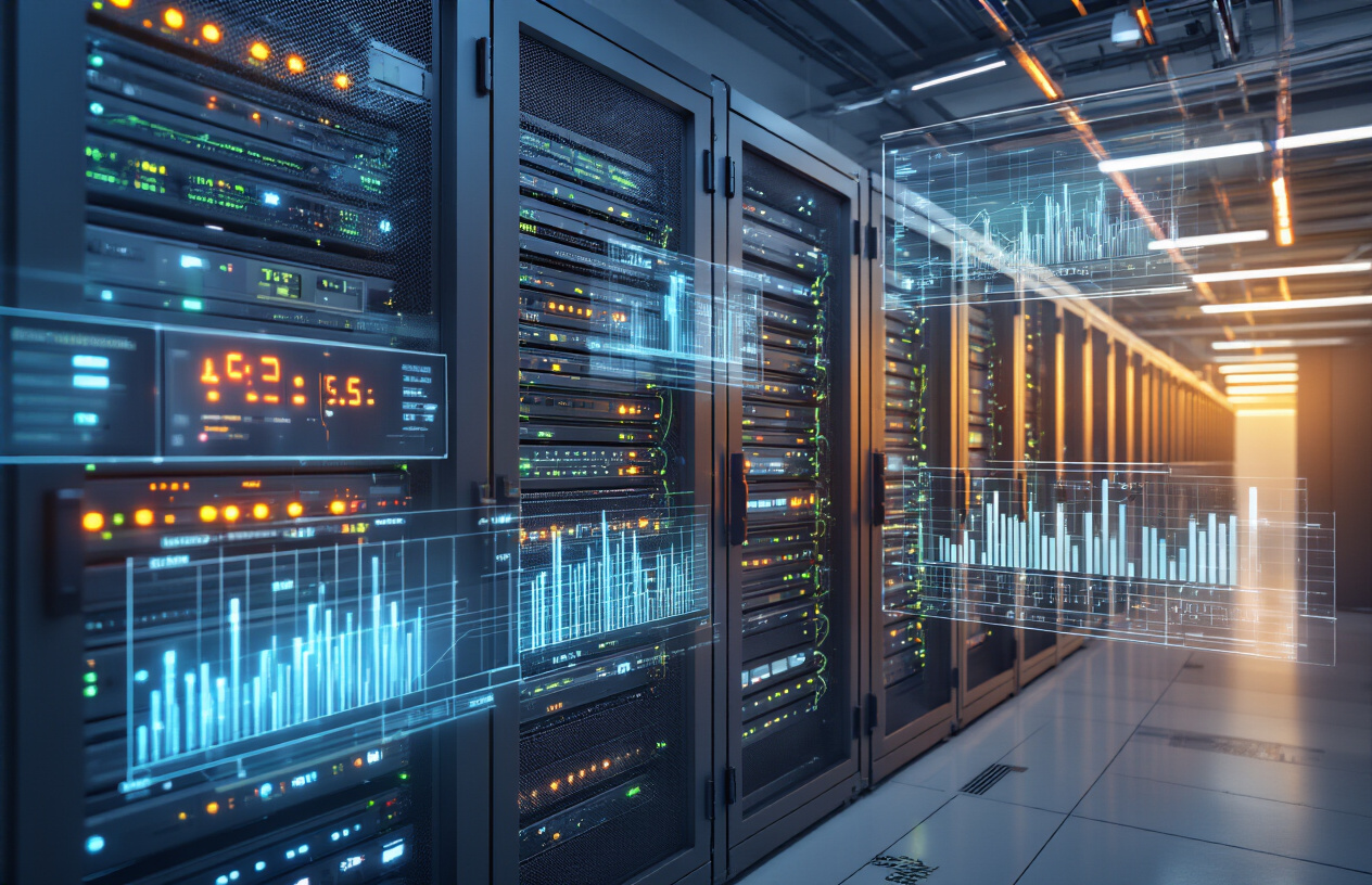 Create a realistic image of multiple computer servers in a modern data center with glowing LED indicators, digital performance monitoring displays showing speed metrics and benchmark graphs, fiber optic cables connecting the servers, cool blue and white lighting illuminating the server racks, with floating holographic data visualization charts displaying speed comparison statistics in the foreground, creating a high-tech atmosphere that represents web hosting performance analysis, absolutely NO text should be in the scene.