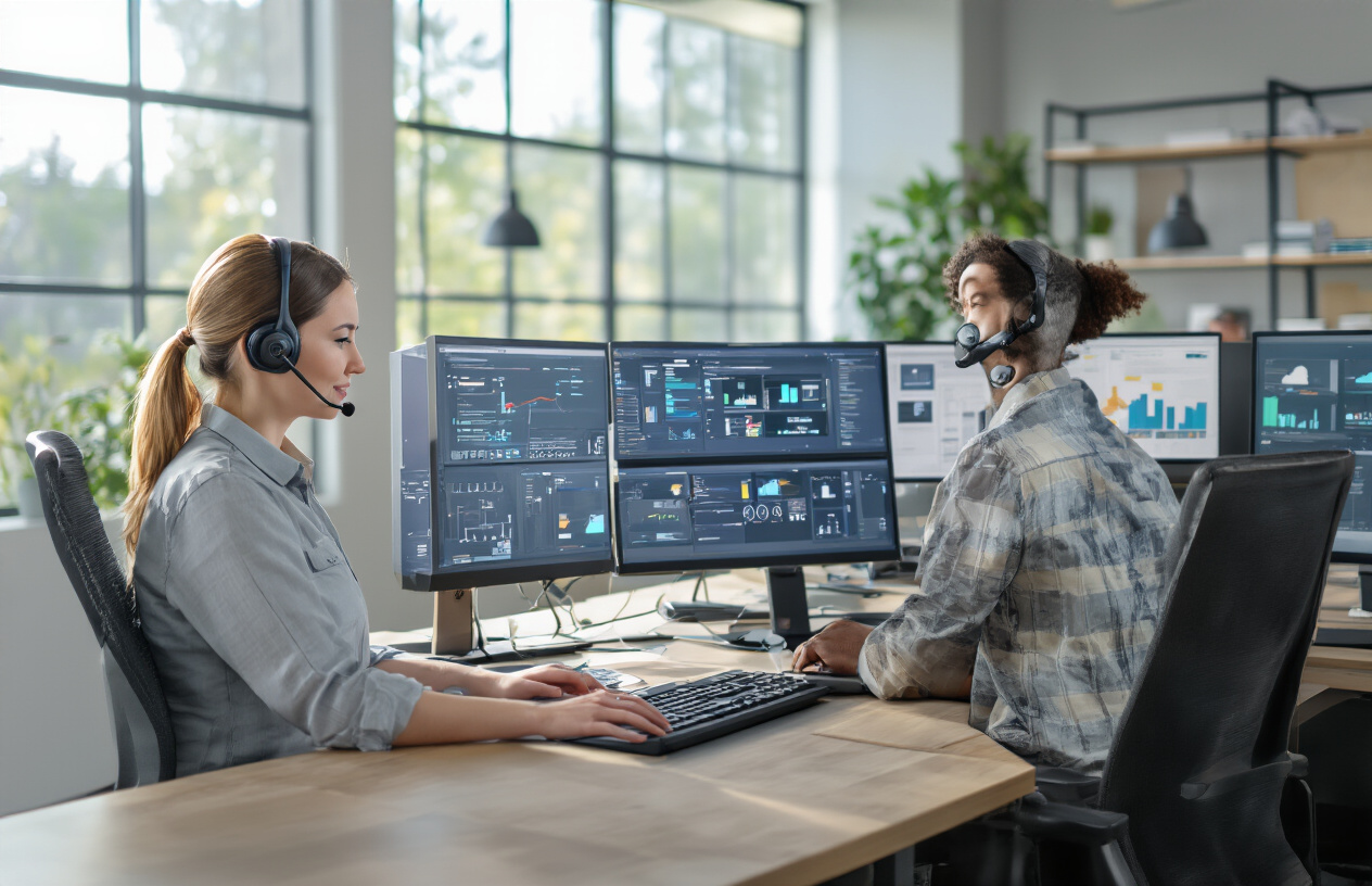 Create a realistic image of a modern customer support center with multiple diverse support agents including a white female, black male, and Asian female wearing professional headsets while working at computer workstations with multiple monitors displaying technical dashboards, surrounded by a clean office environment with soft natural lighting from large windows, conveying a professional and helpful atmosphere with agents actively engaged in providing assistance, absolutely NO text should be in the scene.