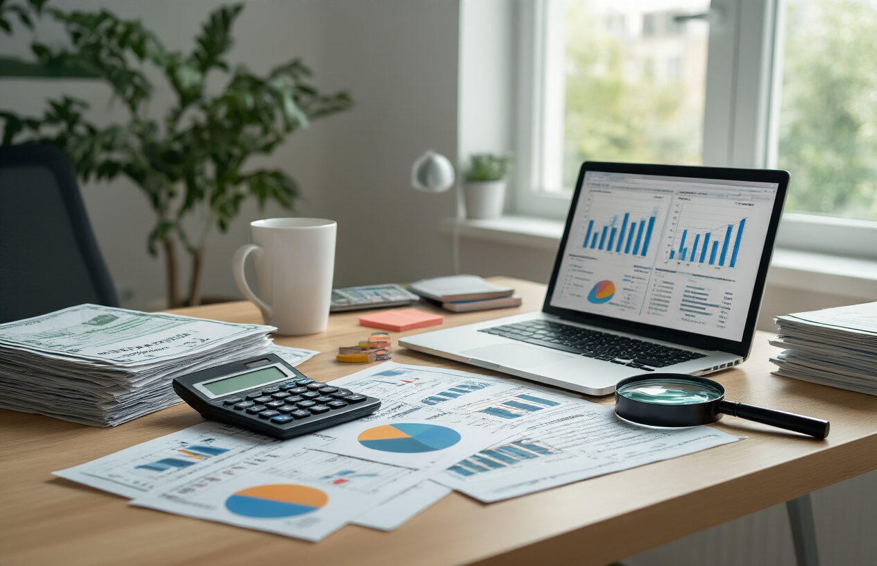 Create a realistic image of a modern office desk with financial documents, calculator, laptop displaying spreadsheet data, colorful pie charts and bar graphs scattered on the surface, stack of bills and invoices, magnifying glass positioned over small print text, clean white background with soft natural lighting from window, professional business atmosphere, Absolutely NO text should be in the scene.