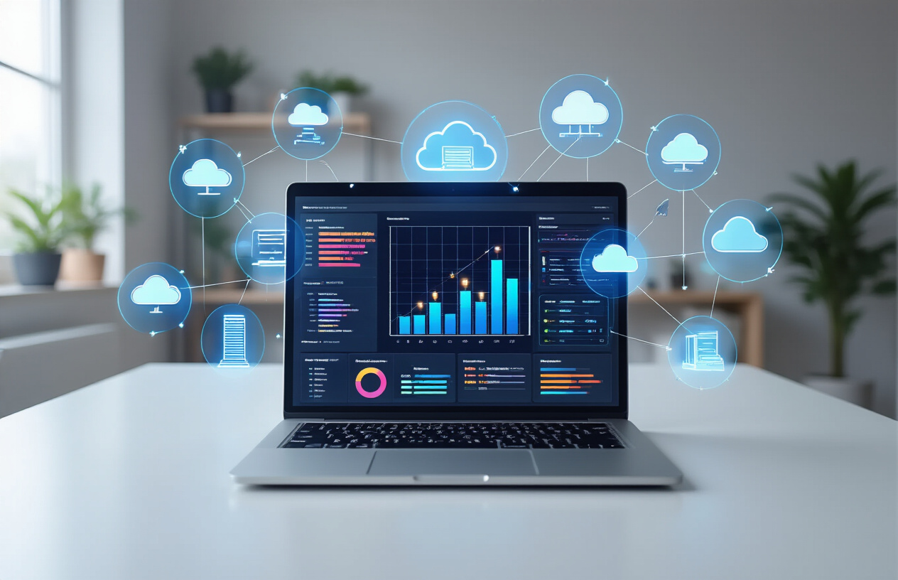 Create a realistic image of a sleek modern workspace featuring a high-end laptop displaying colorful server dashboard interfaces on the screen, surrounded by multiple floating holographic icons representing different web hosting services like cloud symbols, server towers, and network connections, with a clean white desk surface, soft natural lighting from a nearby window, and a minimalist tech office environment in the background, conveying a sense of informed decision-making and digital expertise, absolutely NO text should be in the scene.