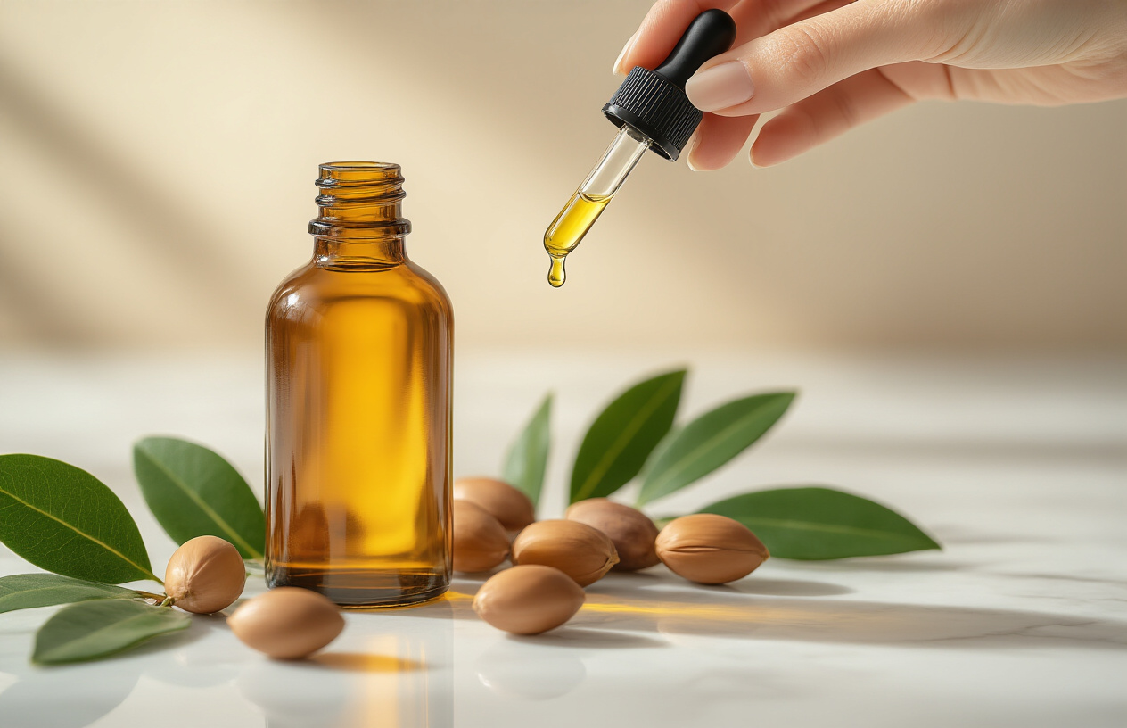Create a realistic image of a glass bottle of golden argan oil with a dropper cap sitting on a clean white marble surface, surrounded by fresh argan nuts and green argan leaves, with soft natural lighting creating gentle shadows, a white female hand gently holding the dropper with a single drop of oil about to fall, showcasing the luxurious amber-colored oil against a minimalist spa-like background with subtle warm tones, absolutely NO text should be in the scene.