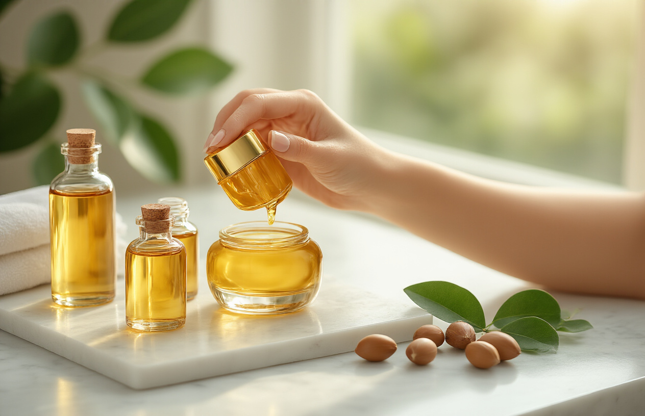 Create a realistic image of a woman's hands applying golden argan oil from an elegant glass bottle onto her forearm, with several small glass bottles of argan oil arranged on a clean white marble surface alongside fresh argan nuts and green leaves, soft natural lighting from a window creating a spa-like atmosphere, warm and luxurious mood emphasizing skincare transformation and self-care routine, absolutely NO text should be in the scene.