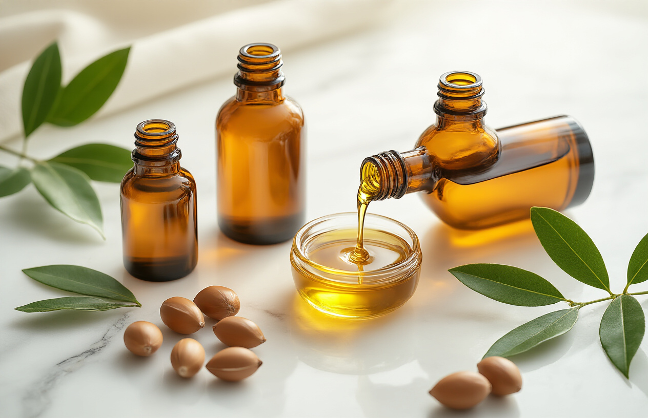 Create a realistic image of multiple amber-colored glass bottles of argan oil in various sizes arranged on a clean white marble surface, with one bottle opened showing golden oil being poured into a small glass dish, surrounded by fresh argan nuts and green argan leaves, soft natural lighting from above creating gentle shadows, clean minimalist background, warm and luxurious mood suggesting premium skincare selection, absolutely NO text should be in the scene.