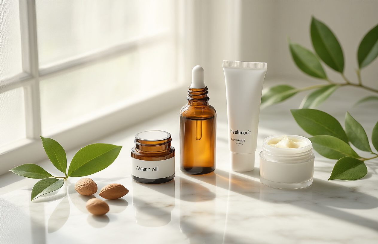 Create a realistic image of a minimalist skincare setup showing a small amber glass bottle of argan oil placed next to other complementary skincare ingredients including a jar of vitamin C serum, a tube of hyaluronic acid, and a container of retinol cream, all arranged on a clean white marble surface with soft natural lighting from a window creating gentle shadows, surrounded by a few argan nuts and green leaves as natural decorative elements, shot from a slightly elevated angle to showcase the product arrangement, with a bright and clean atmosphere suggesting skincare routine enhancement, absolutely NO text should be in the scene.