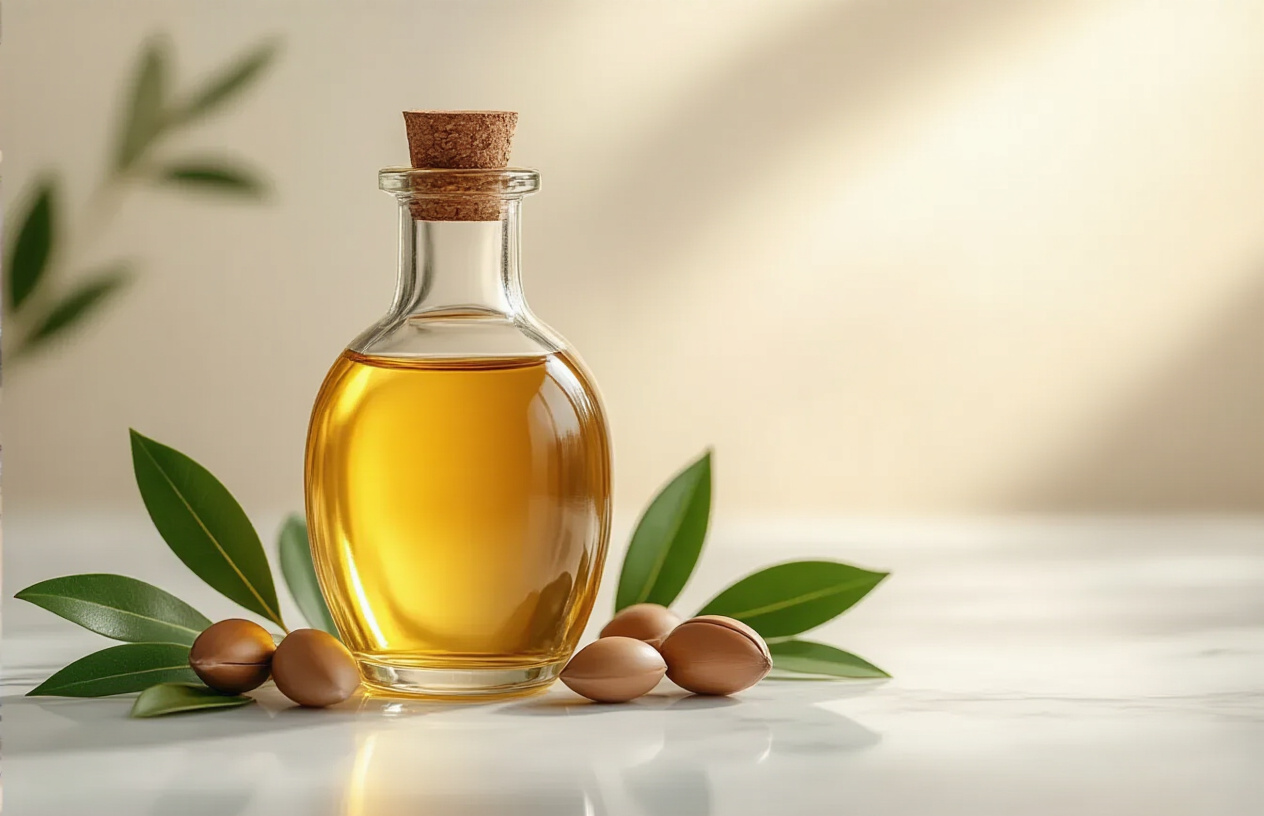 Create a realistic image of a beautiful glass bottle of golden argan oil placed elegantly on a clean white marble surface, with fresh argan nuts and green argan leaves artfully arranged around it, soft natural lighting creating gentle shadows, a minimalist spa-like background with subtle cream tones, conveying luxury and natural skincare benefits, absolutely NO text should be in the scene.