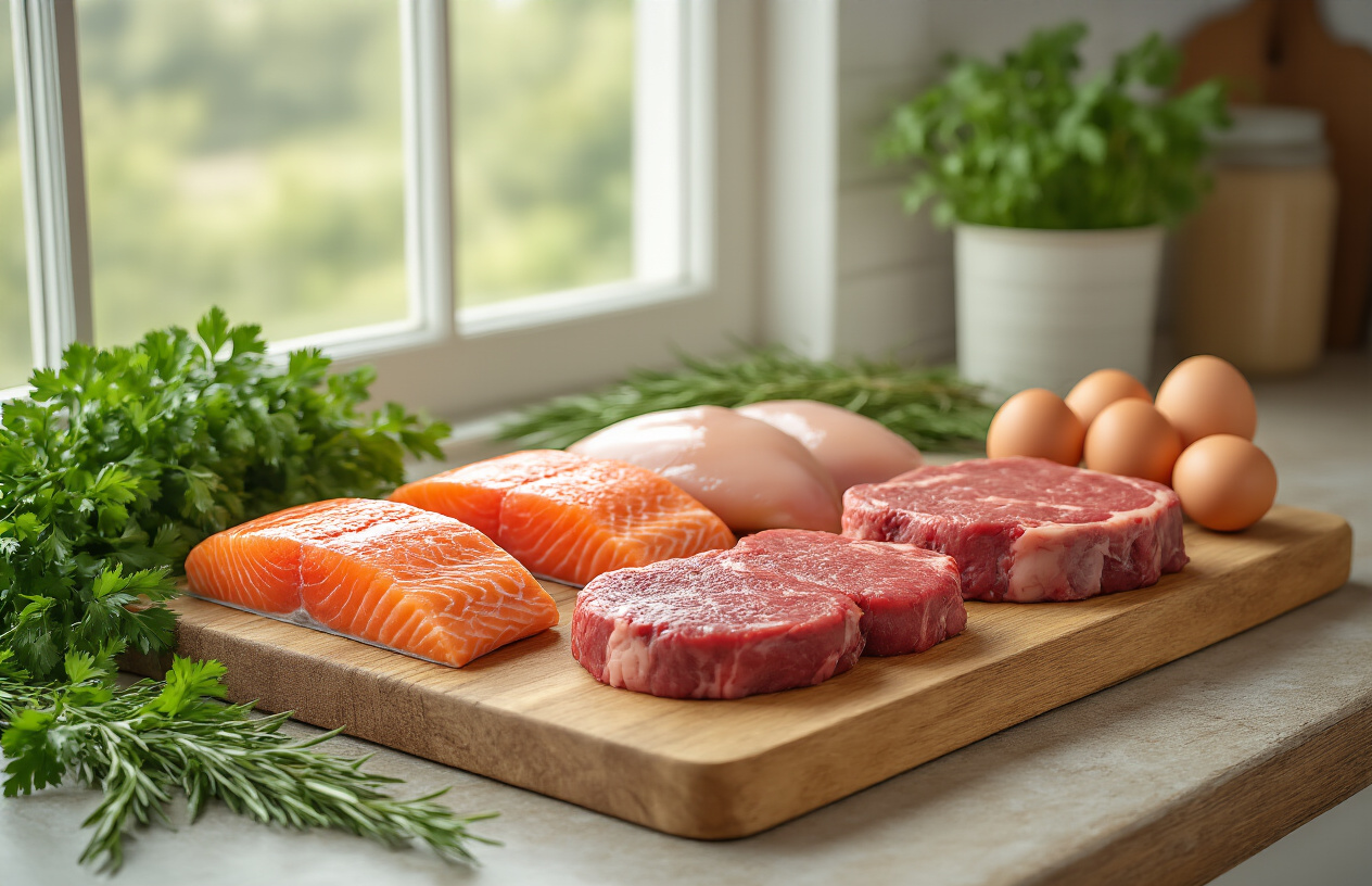 Create a realistic image of a wooden cutting board displaying an assortment of high-quality natural animal proteins including fresh salmon fillet, lean chicken breast, grass-fed beef steak, and free-range eggs, arranged on a rustic kitchen counter with soft natural lighting from a window, accompanied by fresh herbs like parsley and rosemary, set against a clean modern kitchen background with warm earth tones, absolutely NO text should be in the scene.