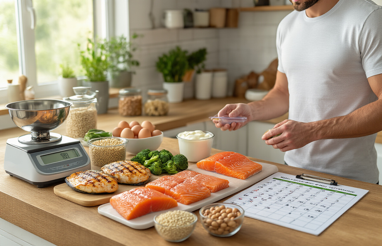Create a realistic image of a fitness-focused kitchen scene showing a meal prep setup with various high-protein natural foods arranged on a wooden counter, including grilled chicken breast, salmon fillet, eggs, Greek yogurt, quinoa, beans, nuts, and protein-rich vegetables, with a digital kitchen scale, measuring cups, and a weekly meal planning chart visible, featuring warm natural lighting from a window, with a white male nutritionist in his 30s organizing the protein portions into containers for different times of the day, absolutely NO text should be in the scene.