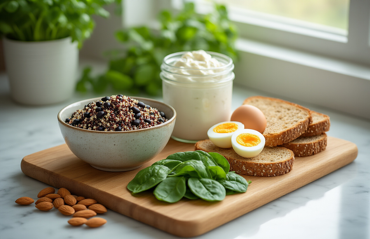 Create a realistic image of a wooden cutting board displaying various natural protein combinations including quinoa mixed with black beans in a ceramic bowl, sliced almonds paired with Greek yogurt in a glass jar, hard-boiled eggs next to whole grain toast, and fresh spinach leaves alongside chickpeas, all artfully arranged on a clean marble kitchen counter with soft natural lighting from a nearby window, emphasizing the complementary pairing concept for optimal nutrient absorption, absolutely NO text should be in the scene.