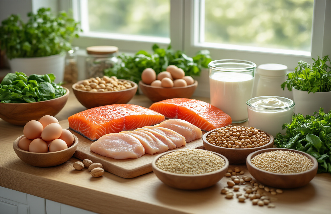 Create a realistic image of a vibrant, well-lit kitchen counter displaying an array of natural high-protein foods including fresh salmon fillets, grilled chicken breast, hard-boiled eggs, various nuts and seeds in wooden bowls, Greek yogurt in a glass container, quinoa grains, lentils, and leafy green vegetables, with soft natural lighting from a nearby window creating an inviting and healthy atmosphere, absolutely NO text should be in the scene.
