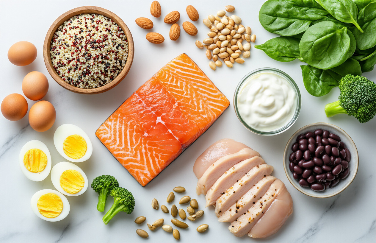 Create a realistic image of a diverse selection of high-protein natural foods artfully arranged on a clean white marble countertop, including grilled salmon fillet, quinoa in a wooden bowl, Greek yogurt in a glass container, mixed nuts and seeds scattered around, hard-boiled eggs cut in half, lean chicken breast slices, black beans in a ceramic dish, and fresh green vegetables like broccoli and spinach, with soft natural lighting streaming from the left side creating gentle shadows, representing a conclusion about optimal protein-rich natural diets for health, shot from a slight overhead angle with a clean minimalist kitchen background, warm and inviting atmosphere suggesting wellness and nutrition, absolutely NO text should be in the scene.