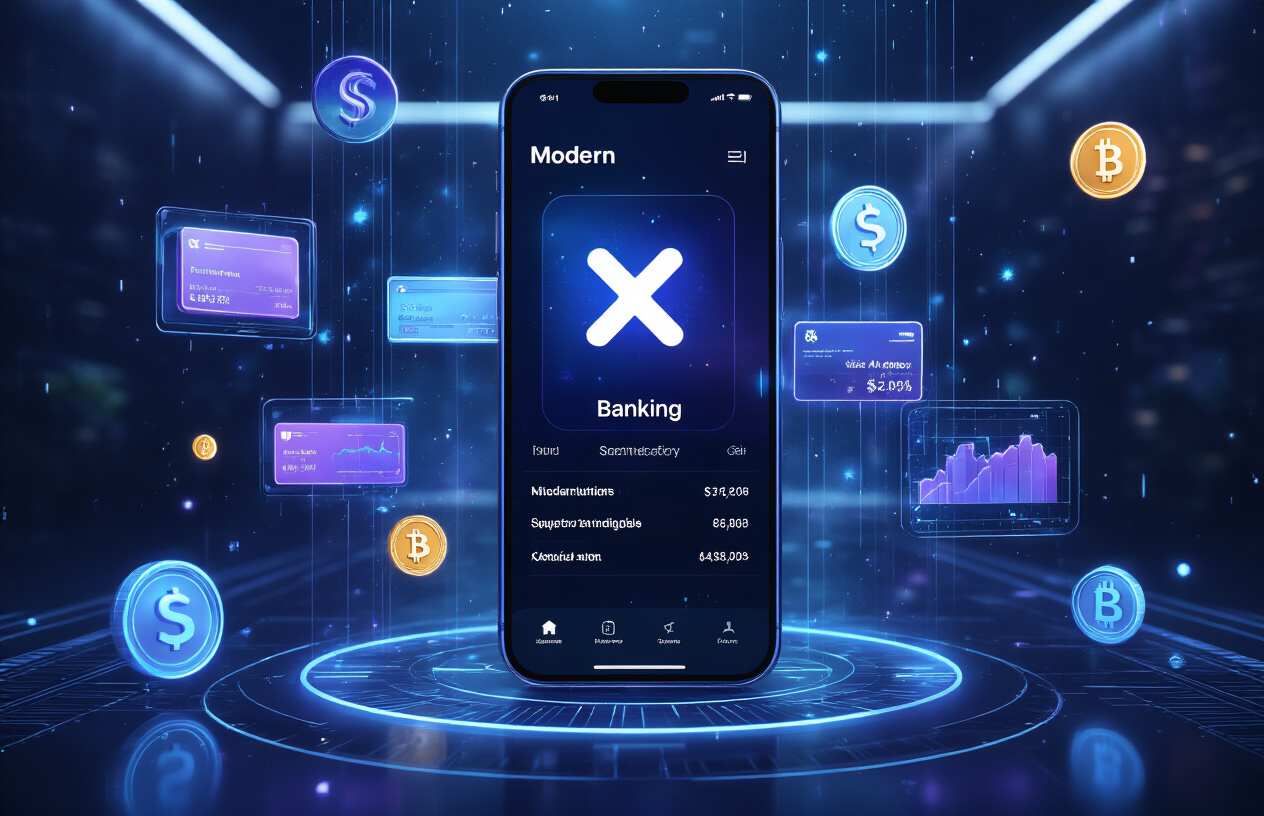 Create a realistic image of a modern smartphone displaying the X app interface with integrated banking features, showing digital payment icons, transaction history, and financial services seamlessly embedded within the social media platform, surrounded by futuristic holographic financial data visualizations and cryptocurrency symbols floating in the air, set against a sleek dark tech environment with blue and purple ambient lighting, representing the revolutionary merger of social media and digital banking technology, absolutely NO text should be in the scene.