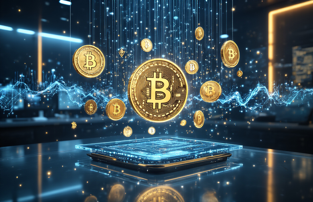 Create a realistic image of a futuristic digital workspace showing holographic cryptocurrency symbols and blockchain networks floating above a sleek modern desk, with glowing Bitcoin, Ethereum, and various altcoin logos suspended in mid-air, accompanied by flowing digital data streams and neural network patterns, set against a dark high-tech background with blue and gold ambient lighting, featuring a minimalist glass table with advanced computing devices, absolutely NO text should be in the scene.