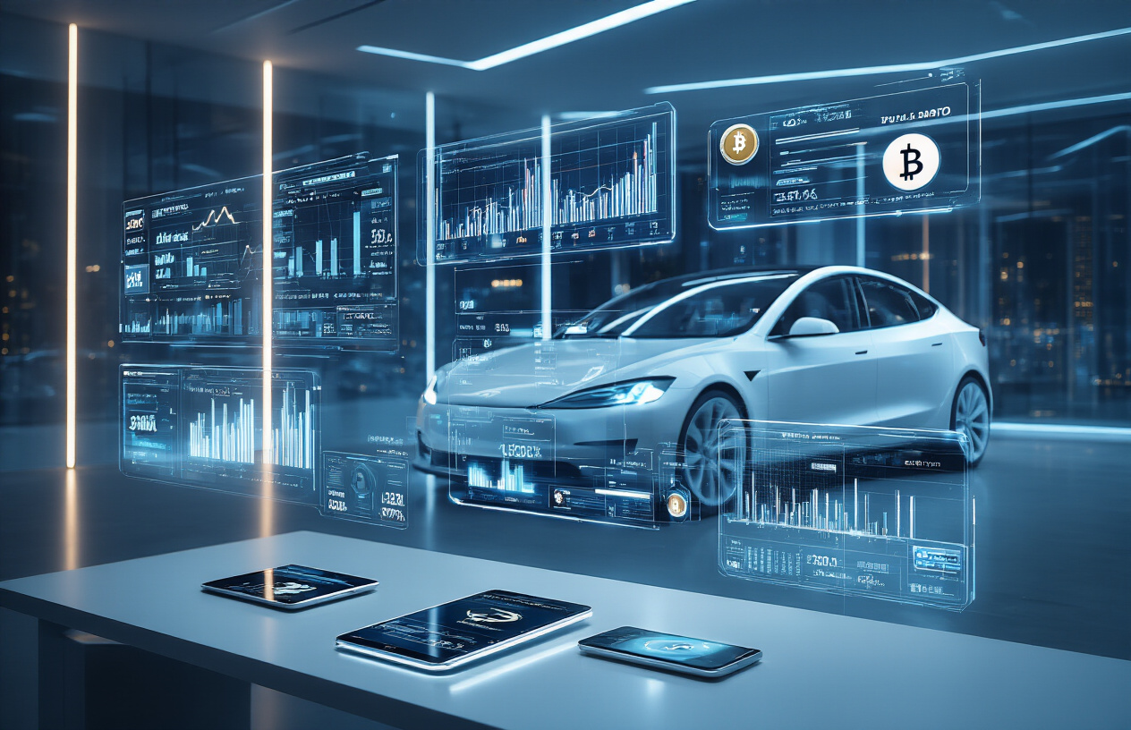 Create a realistic image of a sleek futuristic workspace with multiple holographic financial charts and digital payment interfaces floating in the air, a modern Tesla vehicle visible through a floor-to-ceiling window in the background, advanced fintech devices and smartphones displaying cryptocurrency symbols and payment apps on a minimalist desk, soft blue and white ambient lighting creating a high-tech atmosphere, clean architectural lines suggesting innovation and progress, with the scene conveying forward-thinking financial technology concepts. Absolutely NO text should be in the scene.