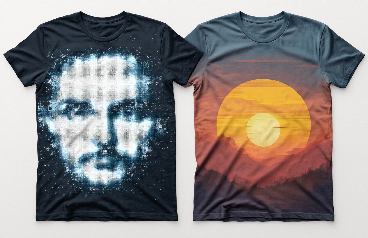 Close-up of pixelated low-resolution print vs high-quality crisp print on fabric.