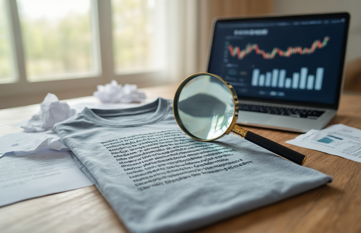 T-shirt with unreadable low-contrast text design under a magnifying glass.