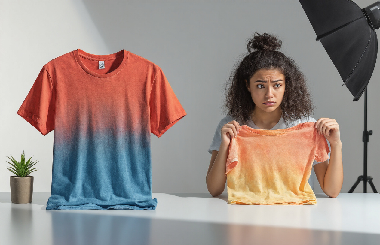 Comparison of vibrant RGB screen design versus dull CMYK print result on a t-shirt.