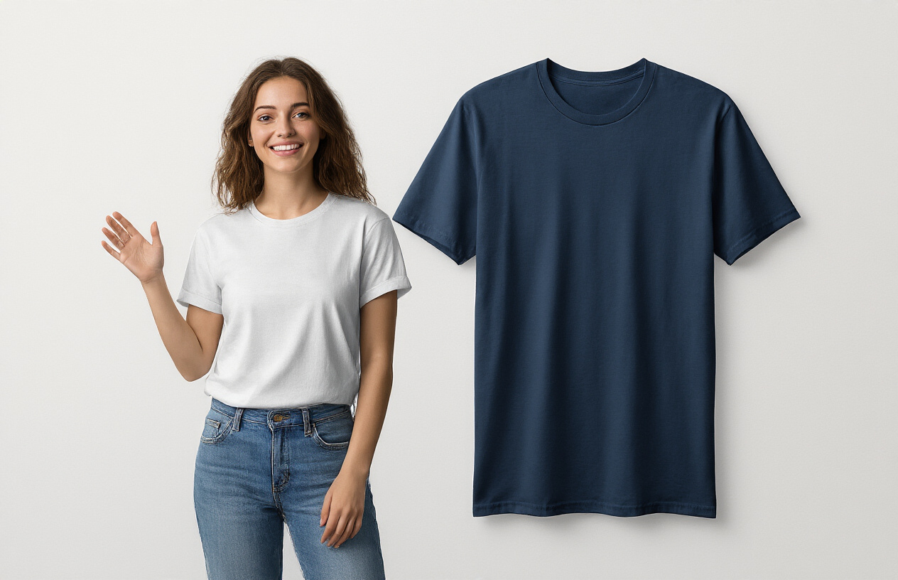 Comparison of t-shirt with correct chest print placement versus awkward low belly placement.