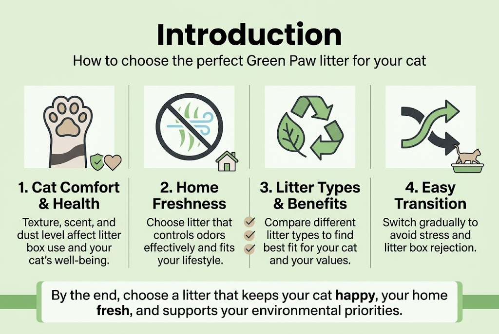 Create a clean, professional full-bleed infographic in a 3:2 aspect ratio with a bright natural palette of soft green, white, charcoal, and muted beige, using modern sans-serif fonts and clear visual hierarchy. Place a bold top heading centered across the full width: "Introduction". Directly below, include a short subtitle in smaller text: "How to choose the perfect Green Paw litter for your cat". Use a wide horizontal layout with four main content blocks across the page, each with a large icon and numbered label.
Block 1 on the left: a cat paw icon and the heading "1. Cat Comfort & Health" with concise text below: "Texture, scent, and dust level affect litter box use and your cat’s well-being." Add a small shield and heart symbol.
Block 2 next to it: an odor-control icon with a fresh breeze symbol and the heading "2. Home Freshness" with text: "Choose litter that controls odors effectively and fits your lifestyle." Add a small home icon.
Block 3 next: a leaf and recycling icon with the heading "3. Litter Types & Benefits" with text: "Compare different litter types to find the best fit for your cat and your values." Add small checkmark markers beside the line.
Block 4 on the right: a transition icon with two curved arrows and the heading "4. Easy Transition" with text: "Switch gradually to avoid stress and litter box rejection." Add a small cat stepping into a litter box icon.
Along the bottom, include a wide highlighted takeaway banner with a green accent bar and the text: "By the end, choose a litter that keeps your cat happy, your home fresh, and supports your environmental priorities." Use subtle dividing lines between blocks, balanced spacing, and simple flat vector illustrations.