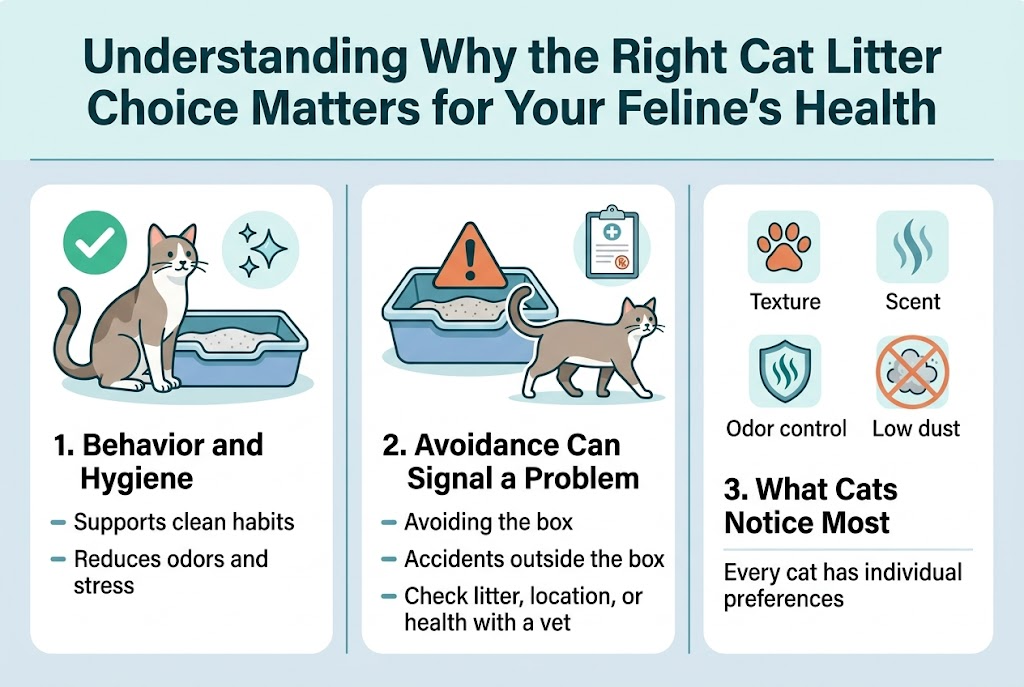 Create a clean professional infographic illustration in a full-bleed 3:2 landscape layout, wide horizontal composition with no frame and no vertical poster style. Use a modern veterinary color palette of teal, soft blue, white, light gray, and accents of warm orange for warnings. Use bold sans-serif typography with a clear hierarchy.
Top banner across the full width with a bold heading in large dark teal text: "Understanding Why the Right Cat Litter Choice Matters for Your Feline's Health"
Below the title, arrange three wide horizontal content sections with icons and short text blocks, using a balanced two-column layout in the lower area.
Left section:
A cat standing beside a clean litter box with a green checkmark icon and a hygiene sparkle icon. Add the section title in bold: "1. Behavior and Hygiene"
Include two short bullet lines:
"Supports clean habits"
"Reduces odors and stress"
Center section:
A litter box with a warning symbol, a cat walking away from it, and a small veterinarian clipboard icon. Add the section title in bold: "2. Avoidance Can Signal a Problem"
Include three short bullet lines:
"Avoiding the box"
"Accidents outside the box"
"Check litter, location, or health with a vet"
Right section:
A grid of four small illustrated icons with labels: a paw print for "Texture", a scent swirl for "Scent", an odor-control shield for "Odor control", and a dust cloud crossed out for "Low dust". Add the section title in bold: "3. What Cats Notice Most"
Place a short line beneath: "Every cat has individual preferences"
Use subtle divider lines between sections, rounded cards, and spacious margins within the artwork. Keep the design bright, readable, and infographic-like, with the icons large and clear, and all text exactly as written.