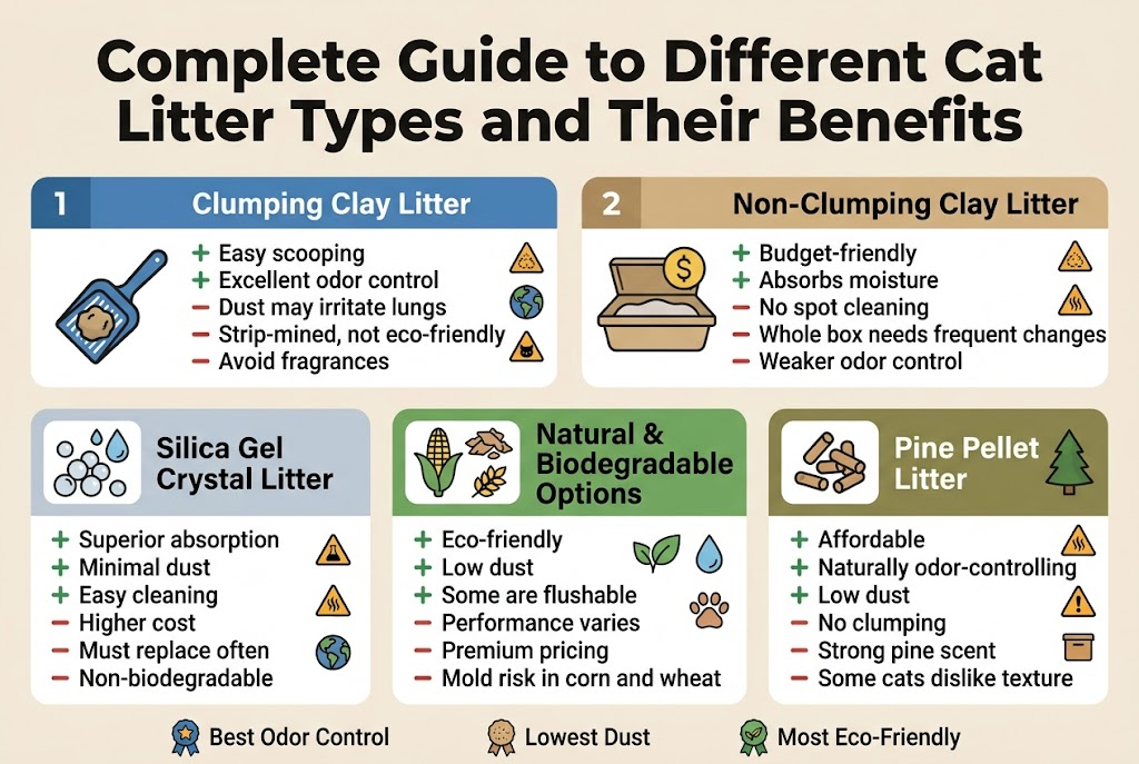 Create a full-bleed professional infographic in a 3:2 aspect ratio with a clean modern flat design, soft beige background, dark charcoal text, and accent colors for each category. Use a bold large title across the top: “Complete Guide to Different Cat Litter Types and Their Benefits”. Below the title, arrange five wide horizontal info cards in a 2-row grid layout with clear spacing, not a vertical poster. Each card should have a colored header, a simple icon, and short bullet points with checkmarks and warning symbols.
Card 1 on upper left, blue header, icon of a litter scoop and clump:
“Clumping Clay Litter”
Bullets:
“+ Easy scooping”
“+ Excellent odor control”
“− Dust may irritate lungs”
“− Strip-mined, not eco-friendly”
“− Avoid fragrances”
Add small warning icons for dust, environment, and kittens.
Card 2 on upper center/right, tan header, icon of an open litter box and dollar sign:
“Non-Clumping Clay Litter”
Bullets:
“+ Budget-friendly”
“+ Absorbs moisture”
“− No spot cleaning”
“− Whole box needs frequent changes”
“− Weaker odor control”
Add warning icons for dust, odor, and tracking.
Card 3 on lower left, light gray-blue header, icon of crystal beads and water droplets:
“Silica Gel Crystal Litter”
Bullets:
“+ Superior absorption”
“+ Minimal dust”
“+ Easy cleaning”
“− Higher cost”
“− Must replace often”
“− Non-biodegradable”
Add warning icons for chemicals, odor buildup, and environment.
Card 4 on lower center, green header, icon of corn, wood chips, wheat stalk, and paper leaf:
“Natural & Biodegradable Options”
Bullets:
“+ Eco-friendly”
“+ Low dust”
“+ Some are flushable”
“− Performance varies”
“− Premium pricing”
“− Mold risk in corn and wheat”
Add small icons for leaf, water drop, and paw sensitivity.
Card 5 on lower right, earthy pine-green header, icon of wood pellets and pine tree:
“Pine Pellet Litter”
Bullets:
“+ Affordable”
“+ Naturally odor-controlling”
“+ Low dust”
“− No clumping”
“− Strong pine scent”
“− Some cats dislike texture”
Add warning icons for scent sensitivity, skin irritation, and storage.
Include a small bottom strip with three simple comparison labels and icons:
“Best Odor Control”
“Lowest Dust”
“Most Eco-Friendly”
Use visual star or badge icons beside each label, with the best category highlighted by color emphasis. Use bold sans-serif fonts for headings, smaller readable sans-serif for bullets, strong iconography, and a balanced infographic layout with clear hierarchy.