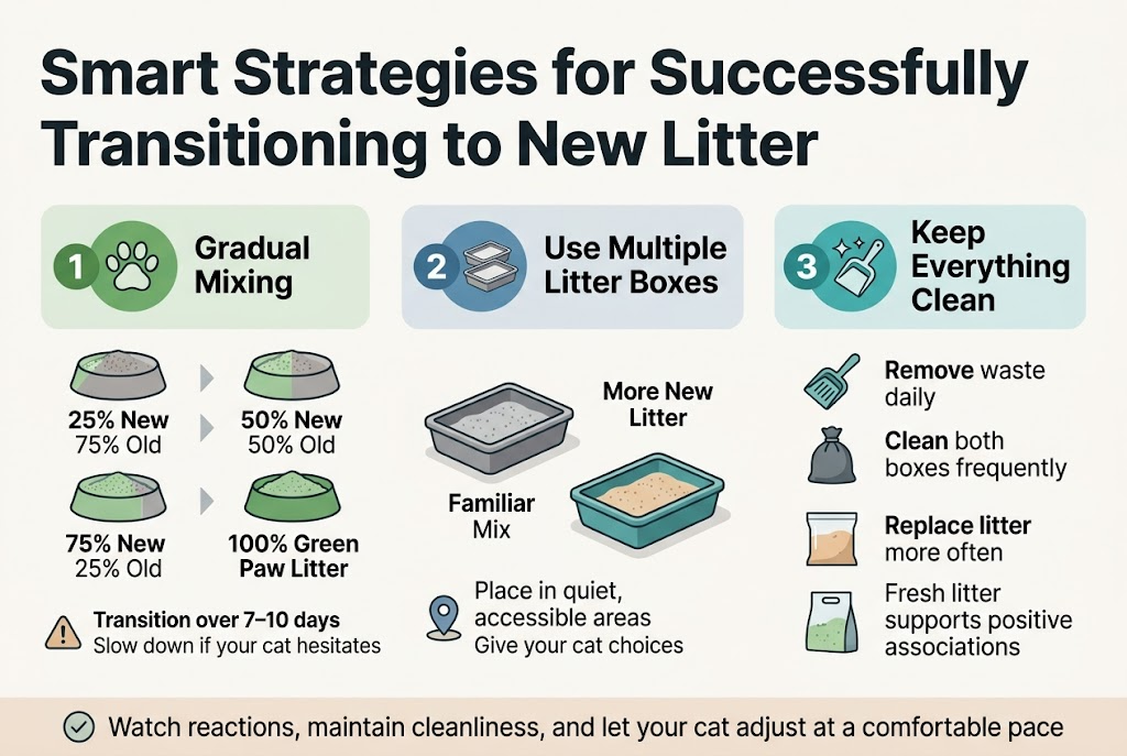 Create a clean, professional full-bleed infographic in 3:2 landscape layout about cat litter transition. Use a soft white background with green, teal, gray, and warm beige accents. Modern sans-serif fonts, bold headline, clear hierarchy, subtle shadows, rounded boxes, minimal flat vector style.
Top across the full width: large bold title in dark charcoal text, centered-left:
"Smart Strategies for Successfully Transitioning to New Litter"
Below the title, arrange three wide horizontal sections across the page from left to right, each with a numbered badge, an icon, and short body text.
Section 1 on the left: a green circular badge with "1" and a cat paw icon. Header text:
"Gradual Mixing"
Show a 4-step visual strip with litter bowl illustrations:
"25% New / 75% Old"
"50% New / 50% Old"
"75% New / 25% Old"
"100% Green Paw Litter"
Add a small note beneath with a warning triangle icon:
"Transition over 7–10 days"
"Slow down if your cat hesitates"
Section 2 in the center: a blue circular badge with "2" and an icon of two litter boxes side by side. Header text:
"Use Multiple Litter Boxes"
Show two litter boxes in different locations, one labeled:
"Familiar Mix"
and the other labeled:
"More New Litter"
Add a small location pin icon and text:
"Place in quiet, accessible areas"
"Give your cat choices"
Section 3 on the right: a teal circular badge with "3" and a sparkling clean scoop / cleaning icon. Header text:
"Keep Everything Clean"
Show a scoop, trash bag, and fresh litter bag icons. Include short text blocks:
"Remove waste daily"
"Clean both boxes frequently"
"Replace litter more often"
"Fresh litter supports positive associations"
Add a thin bottom ribbon across the full width with a small checkmark icon and the takeaway text:
"Watch reactions, maintain cleanliness, and let your cat adjust at a comfortable pace"
Use strong visual separation between sections, balanced spacing, and icons aligned with text. No photo realism, no extra borders, no vertical poster frame, no clutter.