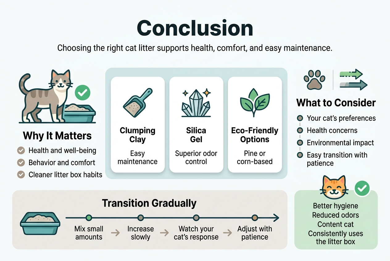 Full-bleed clean professional infographic, aspect ratio 3:2, modern flat vector style, soft white background with cat-themed accents in teal, green, warm gray, and orange. Bold top heading centered across the full width: "Conclusion". Under the title, a short subtitle line in smaller text: "Choosing the right cat litter supports health, comfort, and easy maintenance." Use a wide horizontal layout with three main sections across the middle, plus a bottom summary band.
Left section: a large icon of a healthy cat beside a litter box, with a green checkmark. Heading: "Why It Matters". Three short bullet points with small check icons:
- "Health and well-being"
- "Behavior and comfort"
- "Cleaner litter box habits"
Center section: a 3-part comparison row with distinct product icons and labels. Each item in its own rounded card:
- "Clumping Clay" with a scoop icon and text: "Easy maintenance"
- "Silica Gel" with crystal sparkle icon and text: "Superior odor control"
- "Eco-Friendly Options" with leaf icon and text: "Pine or corn-based"
Right section: a decision checklist with a paw-print icon and a gradual-arrow icon. Heading: "What to Consider". Four bullets with small circular markers:
- "Your cat’s preferences"
- "Health concerns"
- "Environmental impact"
- "Easy transition with patience"
Bottom full-width band with a simple timeline arrow and a litter box icon, titled: "Transition Gradually". Four small steps in sequence with arrows:
1. "Mix small amounts"
2. "Increase slowly"
3. "Watch your cat’s response"
4. "Adjust with patience"
Final bottom-right emphasis box in a soft green tint with a happy cat icon and a checkmark. Text inside:
"Better hygiene"
"Reduced odors"
"Content cat"
"Consistently uses the litter box"
Use clear sans-serif typography, bold section headers, strong visual hierarchy, ample spacing, subtle shadows, and tidy aligned blocks. Include only the text shown above.
