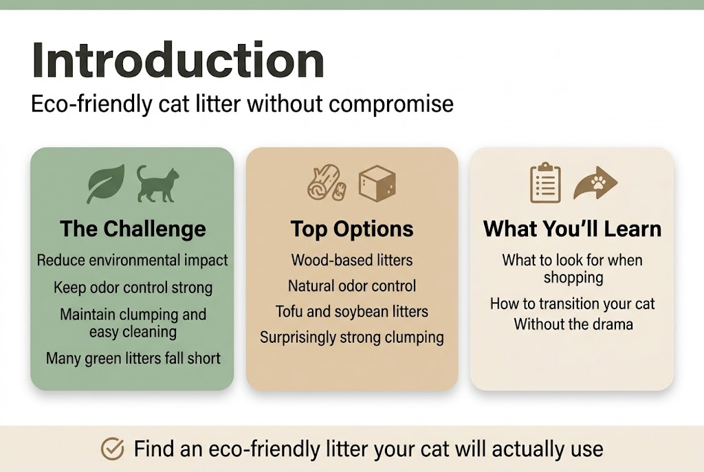 Create a clean, modern infographic in a 3:2 landscape full-bleed layout with a soft eco palette of sage green, warm beige, white, and charcoal text. Use a bold sans-serif font for headings and a readable sans-serif font for body text. Place a large bold title at the top left: "Introduction". Beneath it, add a smaller subtitle line: "Eco-friendly cat litter without compromise". 

Across the center, use three wide horizontal content blocks with rounded corners and simple flat icons:

Left block: a green leaf icon and a cat silhouette icon, with the heading "The Challenge" and body text:
"Reduce environmental impact"
"Keep odor control strong"
"Maintain clumping and easy cleaning"
"Many green litters fall short"

Middle block: a wood chip icon and a tofu cube icon, with the heading "Top Options" and body text:
"Wood-based litters"
"Natural odor control"
"Tofu and soybean litters"
"Surprisingly strong clumping"

Right block: a shopping list icon and a paw-print arrow icon, with the heading "What You&rsquo;ll Learn" and body text:
"What to look for when shopping"
"How to transition your cat"
"Without the drama"

Add a thin bottom banner with a checkmark icon and the text: "Find an eco-friendly litter your cat will actually use". Use clear hierarchy, plenty of whitespace, subtle shadows, and professional editorial infographic styling. No frame, no border, no vertical poster composition.