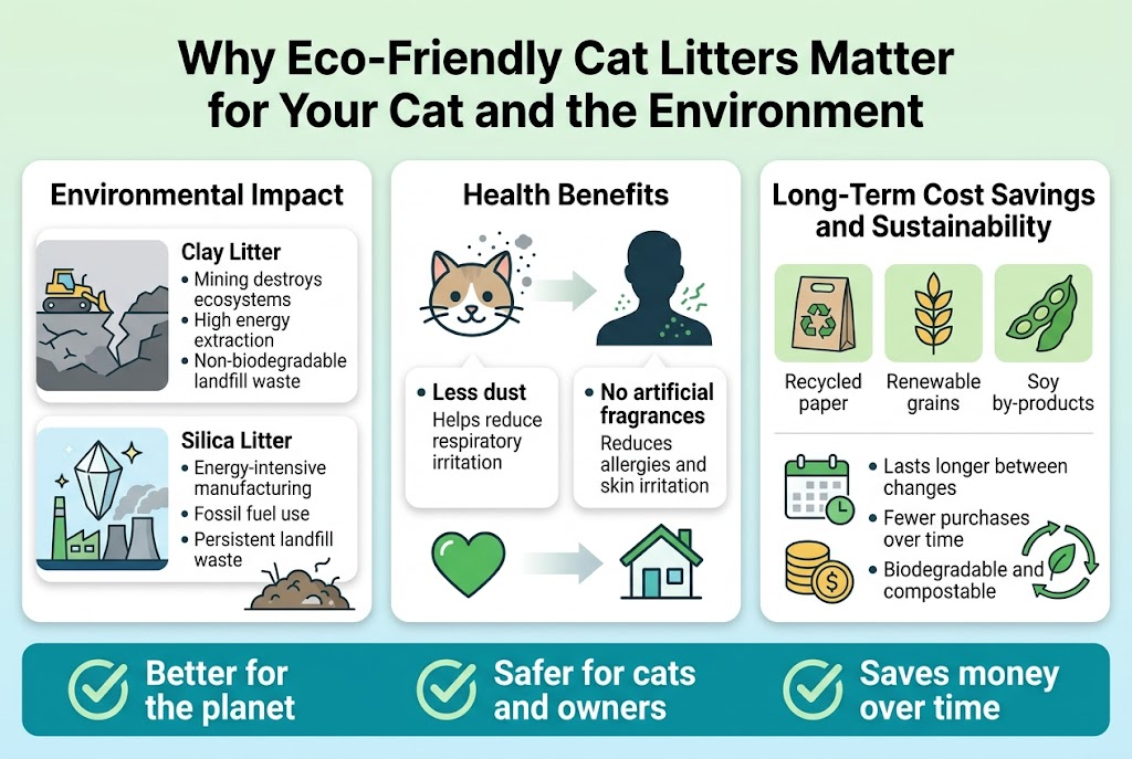 Full-bleed professional infographic illustration in a clean modern flat vector style, aspect ratio 3:2, with a bright eco-themed palette of greens, blues, white, and soft gray accents. Large bold title centered across the top: "Why Eco-Friendly Cat Litters Matter for Your Cat and the Environment". Use a wide horizontal layout with three main sections arranged in three balanced columns across the middle, each inside a rounded rectangle panel with subtle shadows and clear visual hierarchy.

Left section header in bold: "Environmental Impact". Include two stacked sub-blocks with icons:
1. A gray mining pit icon with a bulldozer and broken land, labeled "Clay Litter" and bullet text: "Mining destroys ecosystems", "High energy extraction", "Non-biodegradable landfill waste".
2. A sparkling crystal icon with factory smokestacks, labeled "Silica Litter" and bullet text: "Energy-intensive manufacturing", "Fossil fuel use", "Persistent landfill waste".
Add a small landfill mound icon at the bottom of this section.

Center section header in bold: "Health Benefits". Show a cat face icon with dust particles on the left and a human silhouette with allergy marks on the right. Underneath, use two bullet cards:
- "Less dust" with text: "Helps reduce respiratory irritation"
- "No artificial fragrances" with text: "Reduces allergies and skin irritation"
Add a green heart icon and a clean home icon. Include a subtle arrow pointing from traditional litter to a healthier cat and owner.

Right section header in bold: "Long-Term Cost Savings and Sustainability". Show three eco-material icons in a row: a recycled paper bag, a grain stalk, and a soybean pod, with labels beneath them: "Recycled paper", "Renewable grains", "Soy by-products". Below, add a calendar icon and a coin icon with bullet text: "Lasts longer between changes", "Fewer purchases over time", "Biodegradable and compostable". Add a circular loop arrow icon around a leaf to show sustainability.

Along the bottom, place a wide horizontal summary banner with three large check icons and short phrases: "Better for the planet", "Safer for cats and owners", "Saves money over time". Use crisp sans-serif typography, dark charcoal body text, strong color contrast, evenly spaced sections, and clear infographic labels. No decorative borders, no poster frame, no centered vertical stack.