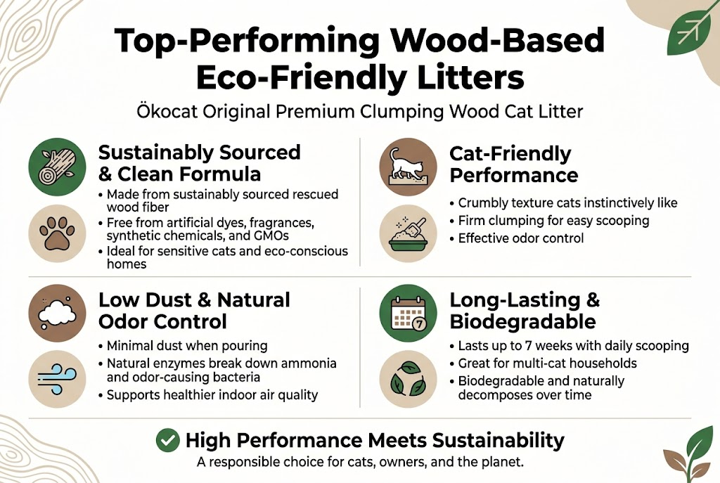 Create a clean, professional infographic in a full-bleed 3:2 landscape layout about wood-based eco-friendly cat litter. Use a modern flat design, white background with forest green, soft brown, beige, and charcoal accents. Add a bold headline at the top center in large sans-serif text: "Top-Performing Wood-Based Eco-Friendly Litters". Place a smaller subtitle beneath it: "&Ouml;kocat Original Premium Clumping Wood Cat Litter".

Divide the design into 4 wide horizontal sections or 2-column blocks with clear icons and short text callouts. Use simple line icons with filled accent circles.

Section 1 on the upper left: a wood fiber icon and a cat paw icon. Title in bold: "Sustainably Sourced & Clean Formula". Include bullet text:
- "Made from sustainably sourced rescued wood fiber"
- "Free from artificial dyes, fragrances, synthetic chemicals, and GMOs"
- "Ideal for sensitive cats and eco-conscious homes"

Section 2 on the upper right: a cat digging in litter icon and a clumping litter icon. Title in bold: "Cat-Friendly Performance". Include bullet text:
- "Crumbly texture cats instinctively like"
- "Firm clumping for easy scooping"
- "Effective odor control"

Section 3 across the middle left: a low-dust cloud icon and a fresh air icon. Title in bold: "Low Dust & Natural Odor Control". Include bullet text:
- "Minimal dust when pouring"
- "Natural enzymes break down ammonia and odor-causing bacteria"
- "Supports healthier indoor air quality"

Section 4 across the middle right: a calendar icon with 7 weeks highlighted and a recycling leaf icon. Title in bold: "Long-Lasting & Biodegradable". Include bullet text:
- "Lasts up to 7 weeks with daily scooping"
- "Great for multi-cat households"
- "Biodegradable and naturally decomposes over time"

Add a small bottom banner spanning the width with a green checkmark icon and bold text: "High Performance Meets Sustainability". Add a final short line beneath it: "A responsible choice for cats, owners, and the planet."

Use strong hierarchy: large title, medium section headings, smaller bullet text. Keep spacing airy and organized. Use subtle wood grain and leaf motif accents in corners. No photo realism, no clutter, no dense paragraphs.