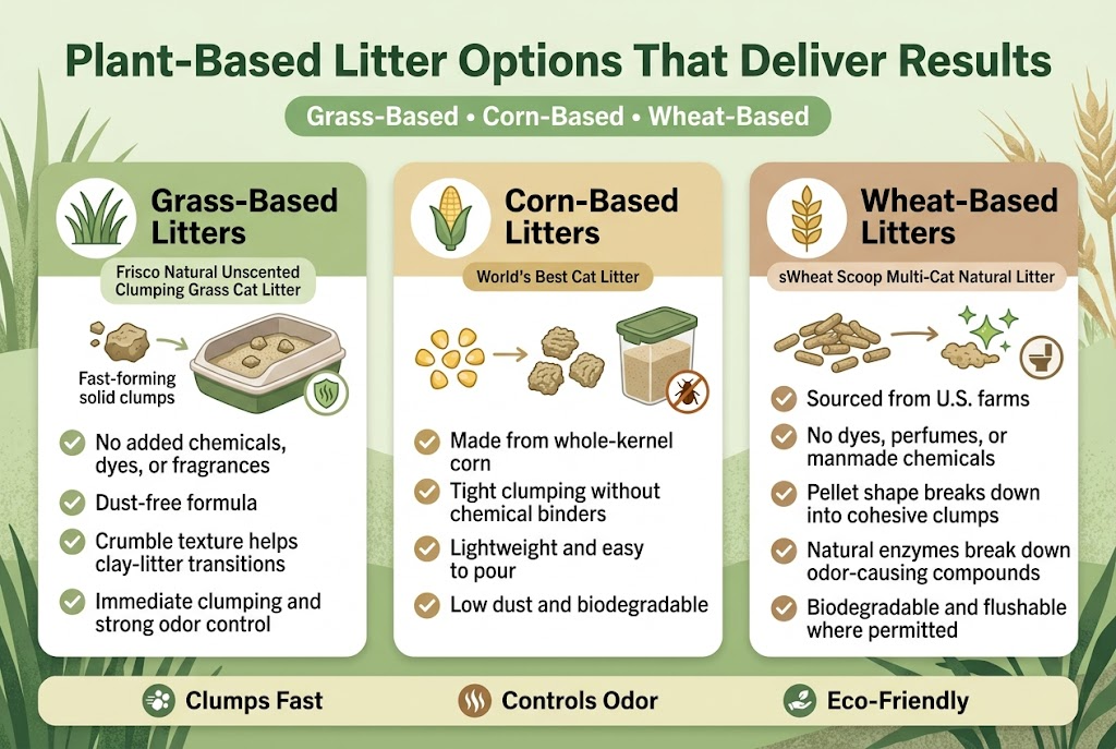 Create a clean, modern infographic illustration in a 3:2 aspect ratio, full-bleed layout, no frame, no margins, wide horizontal composition with three equal columns across the page. Use a natural eco-friendly color palette of greens, tan, cream, soft brown, and muted yellow, with crisp sans-serif fonts and strong visual hierarchy.

Top center large bold title in dark green: "Plant-Based Litter Options That Deliver Results"

Below the title, place a slim subtitle banner in lighter green: "Grass-Based &bull; Corn-Based &bull; Wheat-Based"

Main content in three side-by-side sections with rounded cards, each with a plant icon and product-style visual:
1) Left section header with a grass icon and bold text: "Grass-Based Litters"
   Small product label: "Frisco Natural Unscented Clumping Grass Cat Litter"
   Include four short bullet lines with check icons:
   "No added chemicals, dyes, or fragrances"
   "Dust-free formula"
   "Crumble texture helps clay-litter transitions"
   "Immediate clumping and strong odor control"
   Add a visual of a cat litter box with fast-forming solid clumps and a small odor shield icon.

2) Center section header with a corn icon and bold text: "Corn-Based Litters"
   Small product label: "World's Best Cat Litter"
   Include four short bullet lines with check icons:
   "Made from whole-kernel corn"
   "Tight clumping without chemical binders"
   "Lightweight and easy to pour"
   "Low dust and biodegradable"
   Add a visual of corn kernels transforming into neat clumps, plus a sealed storage container icon with a small pest warning symbol.

3) Right section header with a wheat icon and bold text: "Wheat-Based Litters"
   Small product label: "sWheat Scoop Multi-Cat Natural Litter"
   Include five short bullet lines with check icons:
   "Sourced from U.S. farms"
   "No dyes, perfumes, or manmade chemicals"
   "Pellet shape breaks down into cohesive clumps"
   "Natural enzymes break down odor-causing compounds"
   "Biodegradable and flushable where permitted"
   Add a visual of wheat pellets, an enzyme sparkle icon, and a small flush/disposal icon.

Along the bottom, add a wide horizontal comparison strip with three compact badges:
"Clumps Fast"
"Controls Odor"
"Eco-Friendly"

Use subtle plant textures in the background, soft shadows, clean spacing, and a polished editorial infographic style. Keep all text sharp and readable, with icon accents in green, gold, and brown.