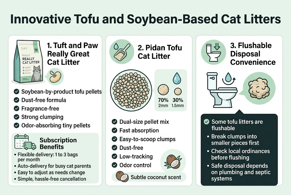 Create a clean, modern full-bleed infographic illustration in a 3:2 aspect ratio with a white background, soft green and teal accents, dark charcoal text, and subtle beige highlights. Use a professional sans-serif font with bold hierarchy. Place a large bold title across the top: "Innovative Tofu and Soybean-Based Cat Litters". Arrange the content in three wide horizontal sections or three side-by-side blocks across the page, with clear icons and numbered labels.

Section 1 on the left: a premium cat litter bag and small soybean/tofu pellet icon. Headline: "1. Tuft and Paw Really Great Cat Litter". Under it, use short bullet points with check icons:
"&bull; Soybean-by-product tofu pellets"
"&bull; Dust-free formula"
"&bull; Fragrance-free"
"&bull; Strong clumping"
"&bull; Odor-absorbing tiny pellets"
Below, add a smaller subscription callout box with a calendar and delivery truck icon. Title: "Subscription Benefits". Include these lines:
"&bull; Flexible delivery: 1 to 3 bags per month"
"&bull; Auto-delivery for busy cat parents"
"&bull; Easy to adjust as needs change"
"&bull; Simple, hassle-free cancellation"

Section 2 in the center: a close-up of mixed pellet sizes with a scoop and water droplet icon. Headline: "2. Pidan Tofu Cat Litter". Include a small size-comparison graphic showing two pellet circles labeled "70% 2mm" and "30% 1.5mm". Add bullet points with check icons:
"&bull; Dual-size pellet mix"
"&bull; Fast absorption"
"&bull; Easy-to-scoop clumps"
"&bull; Dust-free"
"&bull; Low-tracking"
"&bull; Odor control"
Add a small natural fragrance badge with a coconut icon and text: "Subtle coconut scent"

Section 3 on the right: a toilet/flush icon and biodegradable pellet clump icon. Headline: "3. Flushable Disposal Convenience". Include a bold callout box with a check icon and these lines:
"&bull; Some tofu litters are flushable"
"&bull; Break clumps into smaller pieces first"
"&bull; Check local ordinances before flushing"
"&bull; Safe disposal depends on plumbing and septic systems"

Use simple line icons, soft shadows, and clear spacing. Make each section visually distinct with thin dividers and rounded-corner content cards. Keep all text crisp, readable, and exactly as written. No extra text. No people. No clutter.