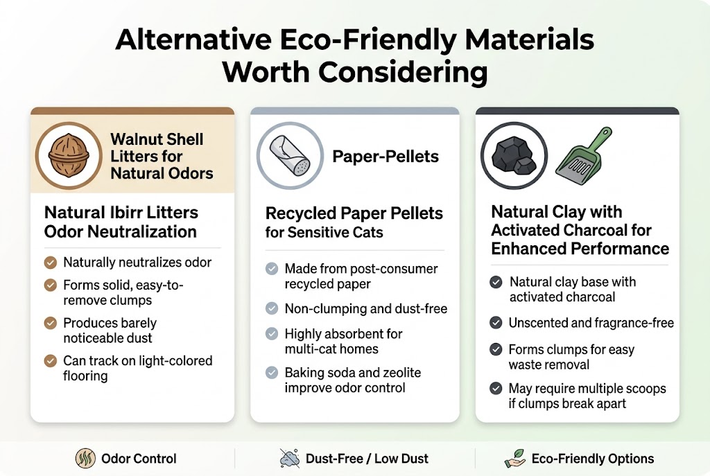 Create a clean professional full-bleed infographic illustration in aspect ratio 3:2 with a modern eco-friendly style, soft white background, green, beige, charcoal, and muted blue accents, flat vector design, crisp icons, strong visual hierarchy, sans-serif fonts.

Top center: large bold headline text: "Alternative Eco-Friendly Materials Worth Considering"

Below the headline, arrange three wide horizontal content blocks across the page in a balanced multi-column layout, each with a distinct colored header bar, a circular icon on the left, a bold subheading, and 3&ndash;4 short bullet points with small check icons.

Block 1 on the left: walnut shell theme with a walnut shell icon and earthy brown accents.
Subheading text: "Walnut Shell Litters for Natural Odor Neutralization"
Bullets:
"Naturally neutralizes odor"
"Forms solid, easy-to-remove clumps"
"Produces barely noticeable dust"
"Can track on light-colored flooring"

Block 2 in the center: recycled paper theme with a paper pellet icon and light gray-blue accents.
Subheading text: "Recycled Paper Pellets for Sensitive Cats"
Bullets:
"Made from post-consumer recycled paper"
"Non-clumping and dust-free"
"Highly absorbent for multi-cat homes"
"Baking soda and zeolite improve odor control"

Block 3 on the right: activated charcoal and clay theme with a charcoal lump and litter scoop icon, dark gray and green accents.
Subheading text: "Natural Clay with Activated Charcoal for Enhanced Performance"
Bullets:
"Natural clay base with activated charcoal"
"Unscented and fragrance-free"
"Forms clumps for easy waste removal"
"May require multiple scoops if clumps break apart"

Add a thin bottom strip with three small comparison icons and labels:
left label "Odor Control"
center label "Dust-Free / Low Dust"
right label "Eco-Friendly Options"

Use clean spacing, rounded section cards, subtle shadows, clear alignment, and readable infographic typography. No extra text beyond the title, subheadings, bullets, and bottom labels.