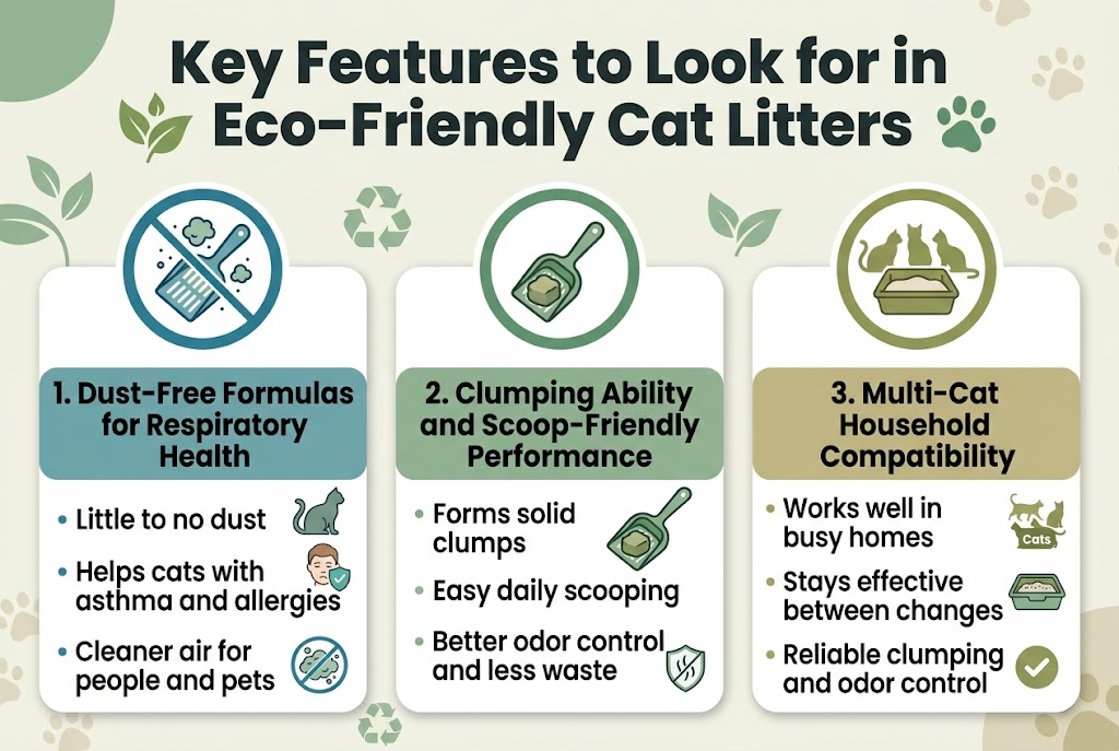 Create a clean, professional full-bleed infographic in a 3:2 aspect ratio with a modern eco-friendly color palette of sage green, teal, warm beige, white, and dark charcoal text. Use a bold sans-serif font for all headings and a clear readable sans-serif for body text. No outer poster frame, no inset margins, wide horizontal layout with three main content sections arranged left-to-right across the center.

Top banner across the full width: large bold title in dark charcoal text reading "Key Features to Look for in Eco-Friendly Cat Litters" with a small green leaf and cat paw icon beside the title.

Below the title, create three equal-width horizontal feature blocks with rounded rectangles and soft shadows:

Left block:
A blue and green circular icon showing a dust-free litter scoop with no dust particles.
Heading text: "1. Dust-Free Formulas for Respiratory Health"
Short body text in 2&ndash;3 lines: "Little to no dust"
"Helps cats with asthma and allergies"
"Cleaner air for people and pets"
Add small visual symbols of a cat, a human face with an allergy-safe shield, and crossed-out dust clouds.

Center block:
A green circular icon showing a litter scoop forming a solid clump.
Heading text: "2. Clumping Ability and Scoop-Friendly Performance"
Short body text in 2&ndash;3 lines: "Forms solid clumps"
"Easy daily scooping"
"Better odor control and less waste"
Show a scoop lifting a neat clump with a small odor barrier shield icon.

Right block:
A warm green circular icon showing three cat silhouettes around one litter box.
Heading text: "3. Multi-Cat Household Compatibility"
Short body text in 2&ndash;3 lines: "Works well in busy homes"
"Stays effective between changes"
"Reliable clumping and odor control"
Include small labels or icons for multiple cats, a durable litter box, and a checkmark.

Use subtle eco accents like leaves, recycling arrows, and gentle paw-print patterns in the background, but keep the layout clean and uncluttered. Make the three sections visually distinct with matching colored headers and simple infographic iconography. Ensure all text is clearly legible and exactly as written above.