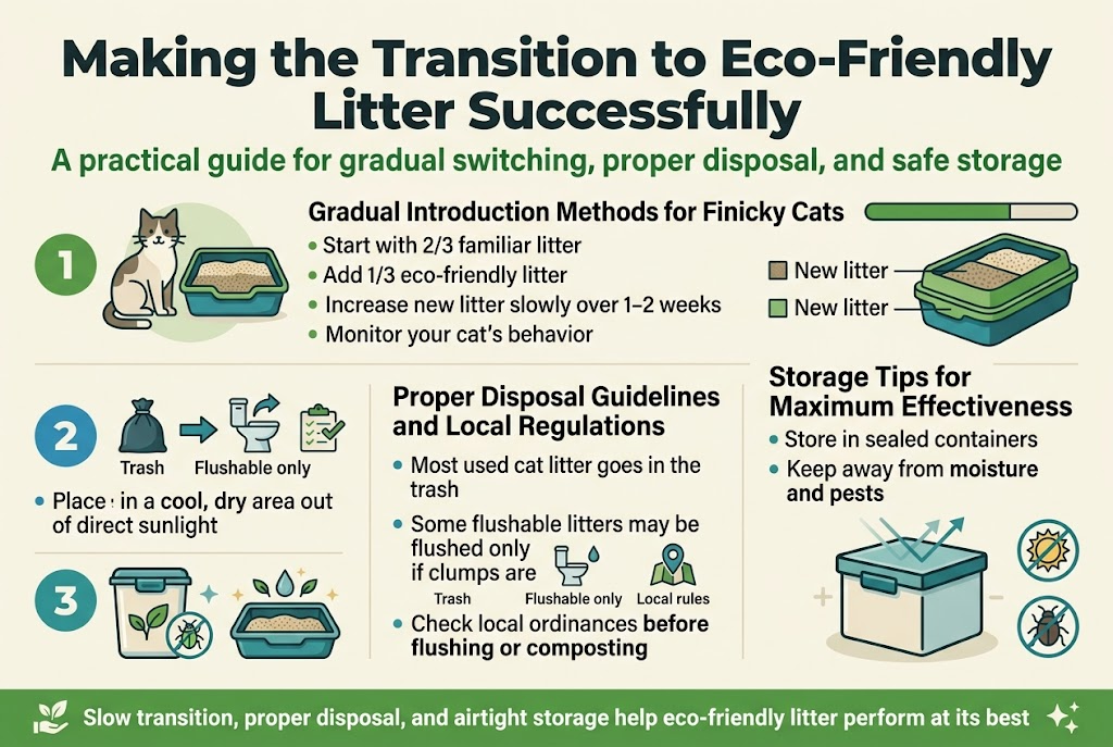 Create a clean, professional full-bleed infographic illustration in 3:2 aspect ratio with a wide horizontal layout, modern flat vector style, eco-friendly color palette of green, teal, cream, and charcoal, with bold sans-serif typography.

Top header across the full width:
Large bold title in dark charcoal: "Making the Transition to Eco-Friendly Litter Successfully"
Subtitle below in smaller green text: "A practical guide for gradual switching, proper disposal, and safe storage"

Use three wide horizontal sections arranged left to right or stacked in three large blocks across the page, each with a clear numbered badge, icon, and concise text.

Section 1 on the left:
Green circular number badge: "1"
Icon: a cat sitting beside a litter box with two texture layers
Heading: "Gradual Introduction Methods for Finicky Cats"
Body text in short lines:
"Start with 2/3 familiar litter"
"Add 1/3 eco-friendly litter"
"Increase new litter slowly over 1&ndash;2 weeks"
"Monitor your cat&rsquo;s behavior"
Add a small progress bar or layered litter box graphic showing the ratio shifting from old litter to new litter.

Section 2 in the center:
Blue circular number badge: "2"
Icon: trash bag, flush arrow, and a small checklist symbol
Heading: "Proper Disposal Guidelines and Local Regulations"
Body text in short lines:
"Most used cat litter goes in the trash"
"Some flushable litters may be flushed only if clumps are broken up"
"Check local ordinances before flushing or composting"
Add three small visual callouts: a trash bag icon labeled "Trash", a toilet icon labeled "Flushable only", and a map pin/check icon labeled "Local rules".

Section 3 on the right:
Teal circular number badge: "3"
Icon: airtight storage bin with a small leaf and a pest bug crossed out
Heading: "Storage Tips for Maximum Effectiveness"
Body text in short lines:
"Store in sealed containers"
"Keep away from moisture and pests"
"Place in a cool, dry area out of direct sunlight"
Add a storage box illustration with subtle arrows for moisture protection, a sun icon crossed out, and a bug icon crossed out.

Bottom strip spanning the width:
A thin green information band with bold text:
"Slow transition, proper disposal, and airtight storage help eco-friendly litter perform at its best"
Include small eco icons: leaf, shield, and sparkle symbols.

Design details:
Use clear section dividers, balanced spacing, simple shadows, clean white or cream background, and strong visual hierarchy. Keep the layout wide and non-vertical, with content aligned in three evenly spaced columns and minimal clutter. All text must be crisp, legible, and exactly as written above.