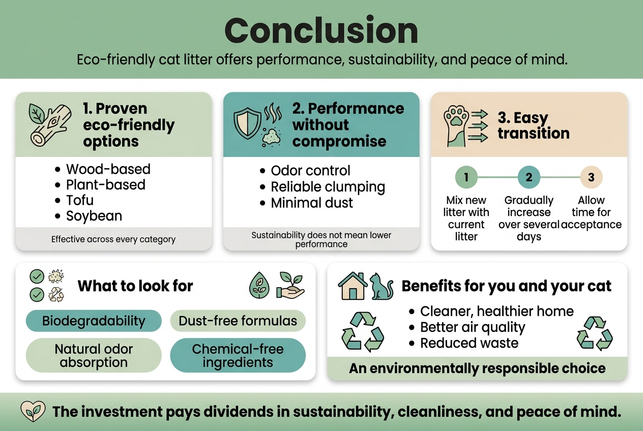 Create a clean, professional infographic in a 3:2 aspect ratio with a full-bleed horizontal layout, no frame, no inset border, and no narrow vertical stacking. Use a fresh eco palette of sage green, teal, soft beige, and white with dark charcoal text. Modern sans-serif font, bold title, clear hierarchy, subtle shadows, rounded cards, and simple line icons.

Top full-width header:
Large bold title centered: &ldquo;Conclusion&rdquo;
Subtitle beneath in smaller text: &ldquo;Eco-friendly cat litter offers performance, sustainability, and peace of mind.&rdquo;

Middle section in three wide horizontal cards across the page:

Left card with a leaf-and-wood icon:
Heading: &ldquo;1. Proven eco-friendly options&rdquo;
Bullet points:
&ldquo;Wood-based&rdquo;
&ldquo;Plant-based&rdquo;
&ldquo;Tofu&rdquo;
&ldquo;Soybean&rdquo;
Small text at bottom: &ldquo;Effective across every category&rdquo;

Center card with a shield, odor-swoosh, and dust particles icon:
Heading: &ldquo;2. Performance without compromise&rdquo;
Bullet points:
&ldquo;Odor control&rdquo;
&ldquo;Reliable clumping&rdquo;
&ldquo;Minimal dust&rdquo;
Small text at bottom: &ldquo;Sustainability does not mean lower performance&rdquo;

Right card with a cat paw and arrows icon:
Heading: &ldquo;3. Easy transition&rdquo;
Three-step horizontal mini timeline with numbered circles:
&ldquo;Mix new litter with current litter&rdquo;
&ldquo;Gradually increase over several days&rdquo;
&ldquo;Allow time for acceptance&rdquo;

Lower section split into two wide blocks:

Left lower block with checkmark icons and small eco symbols:
Heading: &ldquo;What to look for&rdquo;
Four labeled pills or bullets:
&ldquo;Biodegradability&rdquo;
&ldquo;Dust-free formulas&rdquo;
&ldquo;Natural odor absorption&rdquo;
&ldquo;Chemical-free ingredients&rdquo;

Right lower block with a home, cat, and recycling icon:
Heading: &ldquo;Benefits for you and your cat&rdquo;
Three bullets:
&ldquo;Cleaner, healthier home&rdquo;
&ldquo;Better air quality&rdquo;
&ldquo;Reduced waste&rdquo;
Closing line in a highlighted band:
&ldquo;An environmentally responsible choice&rdquo;

Bottom full-width conclusion strip with a subtle green gradient and small heart-leaf icon:
Bold text: &ldquo;The investment pays dividends in sustainability, cleanliness, and peace of mind.&rdquo;