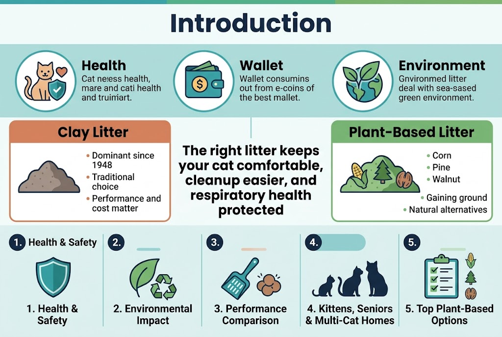 Create a clean, professional infographic illustration in a full-bleed 3:2 landscape layout with modern flat vector design, soft white background, teal, green, clay-orange, and dark navy accents, bold sans-serif typography, clear hierarchy, and ample horizontal space.

Top header bar across the full width with a bold title in large text: "Introduction"

Below the title, place a wide three-part overview row with large circular icons and short text blocks:
1. A cat icon with a heart and shield, text: "Health"
2. A wallet icon with a coin symbol, text: "Wallet"
3. A leaf and earth icon, text: "Environment"

Main center section as a two-column comparison panel:
Left column labeled "Clay Litter"
- brown-gray litter pile icon
- text bullets:
"Dominant since 1948"
"Traditional choice"
"Performance and cost matter"
Right column labeled "Plant-Based Litter"
- green litter pile icon with corn, pine, and walnut symbols
- text bullets:
"Corn"
"Pine"
"Walnut"
"Gaining ground"
"Natural alternatives"

Add a bold central banner between the columns reading: "The right litter keeps your cat comfortable, cleanup easier, and respiratory health protected"

Bottom section with five horizontal feature blocks using numbered circles and icons, arranged left to right:
1. "Health & Safety" with a shield icon
2. "Environmental Impact" with a leaf and recycling icon
3. "Performance Comparison" with a scoop and clumping icon
4. "Kittens, Seniors & Multi-Cat Homes" with cat silhouette icons of different ages
5. "Top Plant-Based Options" with a checklist icon and small corn, pine, walnut icons

Use clean dividing lines, subtle shadows, and a balanced infographic grid. Keep all text sharp and legible, with bold section labels and smaller body text. No border frame, no poster-style narrow column, wide open layout only.