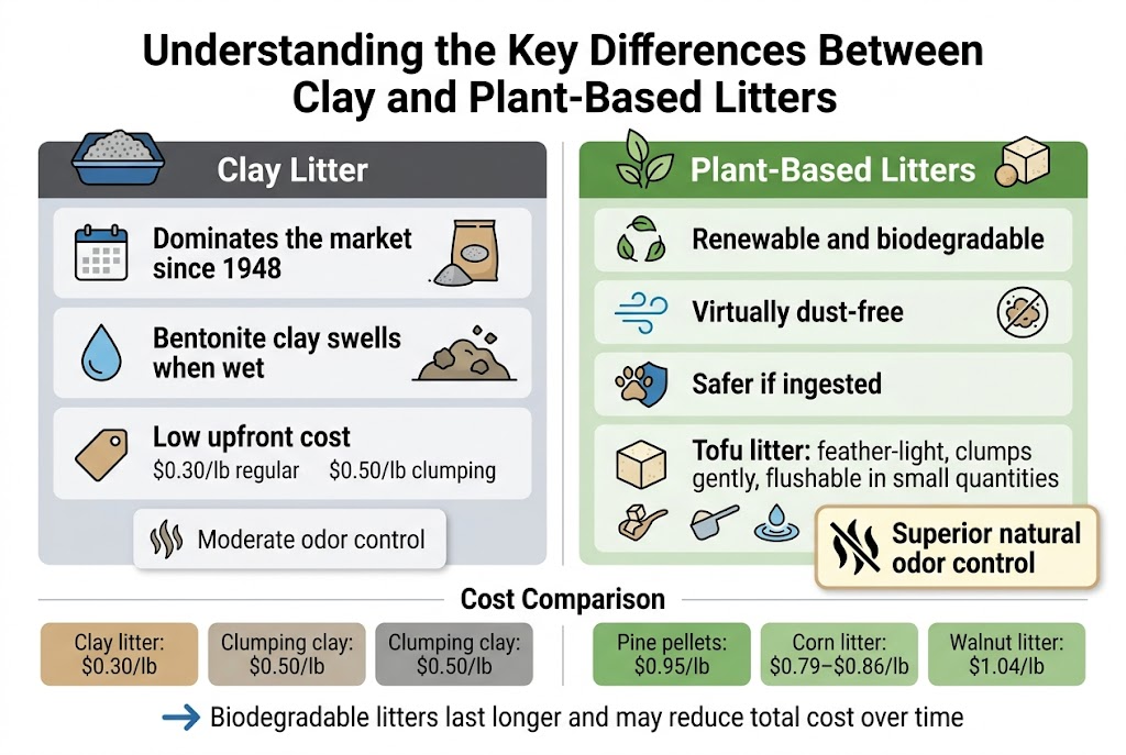 Create a clean, professional full-bleed infographic in a 3:2 landscape layout with a modern sans-serif font, strong visual hierarchy, and a crisp white background with blue, green, and earthy tan accents. Place a bold title across the top:

"Understanding the Key Differences Between Clay and Plant-Based Litters"

Below the title, use a wide two-column comparison layout with clearly separated panels.

LEFT PANEL: Clay Litter
Add a dark gray header bar with the text "Clay Litter" and a small icon of gray clumping granules in a litter tray.
Include three stacked blocks with simple icons:
1. "Dominates the market since 1948" with a calendar icon and a small bag of litter.
2. "Bentonite clay swells when wet" with a water drop icon and a clumping mound icon showing hard solid clumps.
3. "Low upfront cost" with a price tag icon and small text beneath: "$0.30/lb regular" and "$0.50/lb clumping"

Add a small sub-block at the bottom with an odor icon and the text:
"Moderate odor control"

RIGHT PANEL: Plant-Based Litters
Add a green header bar with the text "Plant-Based Litters" and a small icon of leaves and a tofu pellet.
Include four stacked blocks with icons:
1. "Renewable and biodegradable" with a leaf and recycle icon.
2. "Virtually dust-free" with a clean air icon and a crossed-out dust cloud icon.
3. "Safer if ingested" with a paw print and shield icon.
4. "Tofu litter: feather-light, clumps gently, flushable in small quantities" with a tofu cube icon, scoop icon, and small water swirl icon.

Add a highlighted callout box near the lower right with a bold odor icon and the text:
"Superior natural odor control"

BOTTOM SECTION: Cost Comparison
Across the full width at the bottom, create a horizontal comparison strip titled:
"Cost Comparison"
Show three small price cards on the left in tan/gray tones:
"Clay litter: $0.30/lb"
"Clumping clay: $0.50/lb"
On the right, show three green-toned cards:
"Pine pellets: $0.95/lb"
"Corn litter: $0.79&ndash;$0.86/lb"
"Walnut litter: $1.04/lb"

Under the price cards, add a centered conclusion banner with an arrow icon and the text:
"Biodegradable litters last longer and may reduce total cost over time"

Use clean line icons, subtle shadows, ample spacing, and a balanced wide layout with the comparison sections aligned left and right, no vertical poster framing.