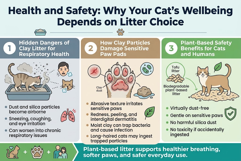 Create a full-bleed landscape infographic in a 3:2 aspect ratio with a clean professional veterinary-health style. Use a bright white background with soft teal, green, and muted gray accents, dark navy headline text, and clear color-coded section blocks. Use modern sans-serif fonts with strong visual hierarchy.

Top header across the full width:
- Large bold title in dark navy: "Health and Safety: Why Your Cat's Wellbeing Depends on Litter Choice"
- Small subtitle row beneath with a simple litter box icon and a paw icon.

Main layout: three wide horizontal sections arranged in a 3-column or 3-block flow across the page, with clear numbered labels and icons.

Left section, numbered "1", in a dusty gray-blue block:
- Heading: "Hidden Dangers of Clay Litter for Respiratory Health"
- Visual: a cat digging in a litter box with dust clouds rising, tiny airborne particles, a human face and cat face with sneezing/coughing symbols, and a small lung icon with warning marks.
- Include short bullet text in the block:
  - "Dust and silica particles become airborne"
  - "Sneezing, coughing, and eye irritation"
  - "Can worsen into chronic respiratory issues"

Middle section, numbered "2", in a warm tan block:
- Heading: "How Clay Particles Damage Sensitive Paw Pads"
- Visual: close-up cat paw pads with red irritation, peeling skin, tiny cuts, and clay dust stuck between toes; include a small bacteria icon and a moist clump of litter beside the paw.
- Include short bullet text in the block:
  - "Abrasive texture irritates sensitive paws"
  - "Redness, peeling, and interdigital dermatitis"
  - "Moist clay can trap bacteria and cause infection"
  - "Long-haired cats may ingest trapped particles"

Right section, numbered "3", in a fresh green block:
- Heading: "Plant-Based Safety Benefits for Cats and Humans"
- Visual: tofu litter pellets and biodegradable plant-based litter with a clean dust-free look, a happy cat standing comfortably on soft litter, a green leaf icon, and a shield icon with a checkmark.
- Include short bullet text in the block:
  - "Virtually dust-free"
  - "Gentle on sensitive paws"
  - "No harmful silica dust"
  - "No toxicity if accidentally ingested"

Bottom band spanning the full width in green and teal:
- Emphasize with a simple recovery/health icon set: cat healing, paw comfort, and family safety.
- Add a concise closing line in bold: "Plant-based litter supports healthier breathing, softer paws, and safer everyday use."

Use clear section dividers, rounded rectangles, and simple infographic icons. Keep the layout wide and balanced, with all text large, legible, and neatly aligned. No borders, no poster frame, no vertical centered stack.