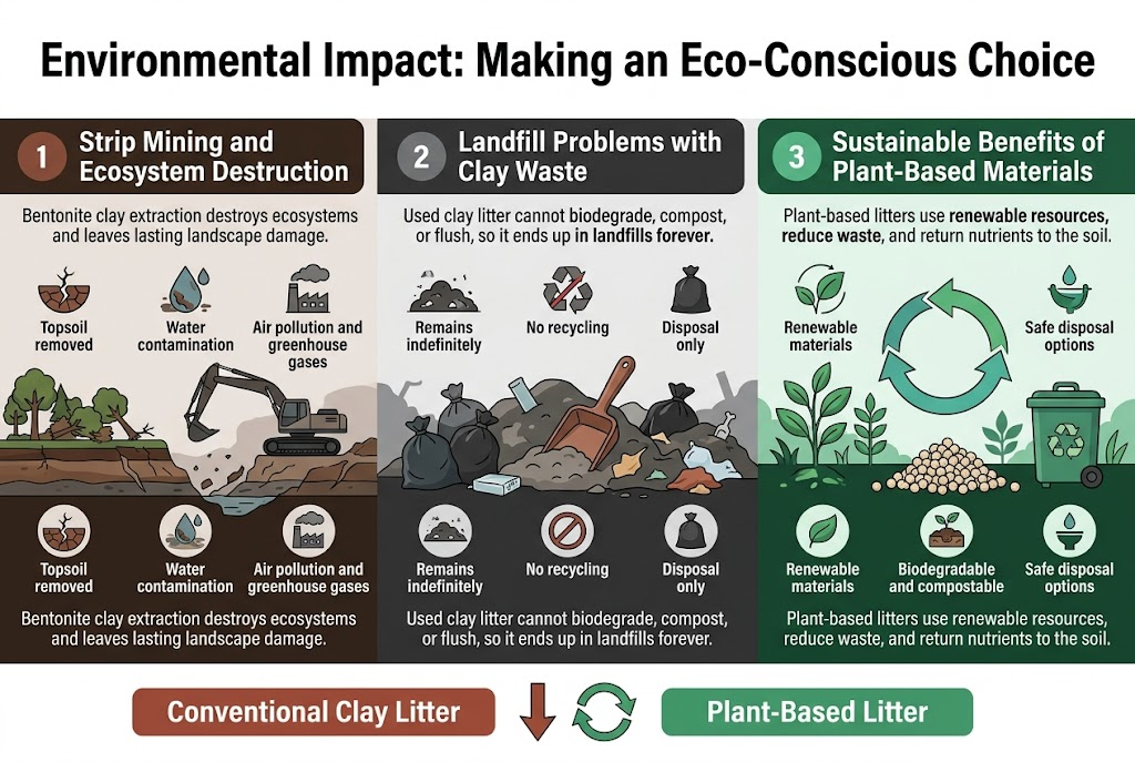 Create a clean professional full-bleed infographic illustration in a 3:2 aspect ratio with a modern flat vector style, crisp lines, subtle shading, and a balanced multi-column layout. Use a white background with deep green, earth brown, slate gray, and fresh teal accents. Use bold sans-serif typography for headings and smaller readable sans-serif body text. 

At the top, place a large bold title centered across the width: "Environmental Impact: Making an Eco-Conscious Choice"

Below the title, divide the infographic into three wide horizontal sections or three side-by-side columns with clear separation lines and consistent spacing.

SECTION 1 on the left: use a dark brown and gray palette with a warning tone. Add a heading: "1. Strip Mining and Ecosystem Destruction". Show a strip-mined landscape with a large excavator, removed topsoil layers, uprooted trees, broken ground, and a barren scarred area. Include three small icon callouts beside the illustration: a cracked earth icon with the text "Topsoil removed", a water droplet with pollution streaks and the text "Water contamination", and a factory/machine icon with smoke and the text "Air pollution and greenhouse gases". Add a short line of text: "Bentonite clay extraction destroys ecosystems and leaves lasting landscape damage."

SECTION 2 in the center: use gray and black with landfill imagery. Add a heading: "2. Landfill Problems with Clay Waste". Show overflowing landfill mounds with plastic trash bags, a clay litter scoop, and non-biodegradable waste piling up. Include three icon callouts: a landfill pile icon with the text "Remains indefinitely", a no-recycle symbol with the text "No recycling", and a trash bag icon with the text "Disposal only". Add a short line of text: "Used clay litter cannot biodegrade, compost, or flush, so it ends up in landfills forever."

SECTION 3 on the right: use fresh green and teal with a positive sustainable tone. Add a heading: "3. Sustainable Benefits of Plant-Based Materials". Show lush green plants, tofu litter pellets, a compost bin, and a circular economy loop with arrows. Include three icon callouts: a leaf icon with the text "Renewable materials", a compost icon with the text "Biodegradable and compostable", and a small flushing icon with the text "Safe disposal options". Add a short line of text: "Plant-based litters use renewable resources, reduce waste, and return nutrients to the soil."

At the bottom across the full width, add a simple comparison banner with two labeled boxes. Left box in red-brown: "Conventional Clay Litter". Right box in green: "Plant-Based Litter". Between them place a downward arrow changing into a circular arrow, visually contrasting linear waste versus circular reuse.

Use clear section numbers "1", "2", and "3" in colored circles. Keep all text sharp, legible, and aligned. Include eco-themed icons such as leaves, arrows, landfill, mining equipment, water droplets, and compost symbols. No decorative frame, no inset poster border, no clutter, no overlapping text.