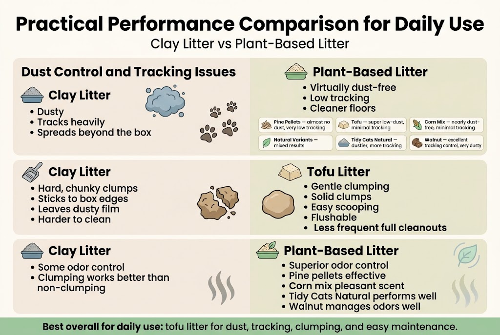 Full-bleed horizontal infographic, aspect ratio 3:2, clean modern editorial style, white background with soft beige and green accents, dark charcoal text, teal and muted orange comparison highlights, bold sans-serif typography.

Top header across full width: large bold title text &ldquo;Practical Performance Comparison for Daily Use&rdquo; with a small subtitle beneath in smaller text: &ldquo;Clay Litter vs Plant-Based Litter&rdquo;.

Main layout: three wide horizontal comparison sections stacked vertically, each section split into a left &ldquo;Clay Litter&rdquo; column and a right &ldquo;Plant-Based Litter&rdquo; column, with simple cat litter icons, dust particles, paw tracks, clumps, and odor waves.

Section 1 at upper-middle with a blue-gray dust cloud icon and paw-print track icons:
Left heading text: &ldquo;Dust Control and Tracking Issues&rdquo;
Left box label: &ldquo;Clay Litter&rdquo;
Text bullets: &ldquo;Dusty&rdquo;, &ldquo;Tracks heavily&rdquo;, &ldquo;Spreads beyond the box&rdquo;
Right box label: &ldquo;Plant-Based Litter&rdquo;
Text bullets: &ldquo;Virtually dust-free&rdquo;, &ldquo;Low tracking&rdquo;, &ldquo;Cleaner floors&rdquo;
Add small sub-cards beneath the plant-based side with tiny icons and labels:
&ldquo;Pine Pellets &mdash; almost no dust, very low tracking&rdquo;
&ldquo;Tofu &mdash; super low-dust, minimal tracking&rdquo;
&ldquo;Corn Mix &mdash; nearly dust-free, minimal tracking&rdquo;
&ldquo;Natural Variants &mdash; mixed results&rdquo;
&ldquo;Tid y Cats Natural &mdash; dustier, more tracking&rdquo;
&ldquo;Walnut &mdash; excellent tracking control, very dusty&rdquo;

Section 2 in the center with a scoop icon and clump icon:
Left box label: &ldquo;Clay Litter&rdquo;
Text bullets: &ldquo;Hard, chunky clumps&rdquo;, &ldquo;Sticks to box edges&rdquo;, &ldquo;Leaves dusty film&rdquo;, &ldquo;Harder to clean&rdquo;
Right box label: &ldquo;Tofu Litter&rdquo;
Text bullets: &ldquo;Gentle clumping&rdquo;, &ldquo;Solid clumps&rdquo;, &ldquo;Easy scooping&rdquo;, &ldquo;Flushable&rdquo;, &ldquo;Less frequent full cleanouts&rdquo;
Use a visual contrast: broken rough clump on the clay side, smooth compact clump on the tofu side.

Section 3 at lower-middle with odor wave icons:
Left box label: &ldquo;Clay Litter&rdquo;
Text bullets: &ldquo;Some odor control&rdquo;, &ldquo;Clumping works better than non-clumping&rdquo;
Right box label: &ldquo;Plant-Based Litter&rdquo;
Text bullets: &ldquo;Superior odor control&rdquo;, &ldquo;Pine pellets effective&rdquo;, &ldquo;Corn mix pleasant scent&rdquo;, &ldquo;Tidy Cats Natural performs well&rdquo;, &ldquo;Walnut manages odors well&rdquo;
Add subtle fresh-air leaf icon on the plant-based side and faint odor wave icon fading out.

Bottom footer strip with a concise summary bar in green:
Text: &ldquo;Best overall for daily use: tofu litter for dust, tracking, clumping, and easy maintenance.&rdquo;

Use clear section dividers, balanced spacing, wide horizontal blocks, easy-to-scan comparison layout, no poster frame, no centered vertical stack, no extra text.