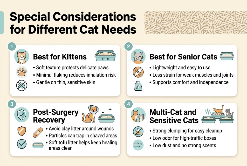 Create a clean, professional full-bleed infographic in 3:2 landscape format with a light cream background, soft teal and warm orange accents, dark charcoal text, and simple flat vector illustrations. Use a bold sans-serif title at the top left: "Special Considerations for Different Cat Needs". Place a subtle tofu-litter texture pattern band behind the header.

Below the title, organize the content into four wide horizontal cards in a 2x2 grid with rounded corners and clear spacing, not a vertical poster layout.

Top left card: a kitten icon beside a soft paw-print and dust-free symbol. Heading text: "Best for Kittens". Body text in short bullet points:
"&bull; Soft texture protects delicate paws"
"&bull; Minimal flaking reduces inhalation risk"
"&bull; Gentle on thin, sensitive skin"
Use a small tofu litter box illustration.

Top right card: a senior cat icon with a joint/comfort symbol and a lightweight bag icon. Heading text: "Best for Senior Cats". Body text:
"&bull; Lightweight and easy to use"
"&bull; Less strain for weak muscles and joints"
"&bull; Supports comfort and independence"
Use a simple litter box and steady walking paw icon.

Bottom left card: a cat recovery illustration with a surgical cone, bandage, and clean litter box. Heading text: "Post-Surgery Recovery". Body text:
"&bull; Avoid clay litter around wounds"
"&bull; Particles can trap in shaved areas"
"&bull; Soft tofu litter helps keep healing areas clean"
Add a shield icon and a clean-checkmark symbol.

Bottom right card: three cats near multiple litter boxes with odor-wave and low-dust icons. Heading text: "Multi-Cat and Sensitive Cats". Body text:
"&bull; Strong clumping for easy cleanup"
"&bull; Low odor for high-traffic boxes"
"&bull; Low dust and no strong scents"
Add a small allergy-friendly icon and a fresh-air symbol.

Use clear visual hierarchy: large bold heading at top, medium bold card headings, smaller readable bullet text. Include small numbered markers 1, 2, 3, 4 at the start of each card title area. Keep icons aligned left of each card heading, with text blocks balanced and easy to scan. Clean white highlights, soft shadows, and modern infographic styling throughout.