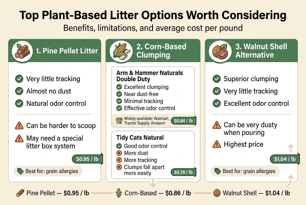 Create a clean, professional full-bleed infographic in 3:2 aspect ratio with a light cream background, pine green and warm earthy accent colors, modern sans-serif fonts, bold dark title text, and organized wide horizontal sections across the page.

Top header spanning full width:
Large bold title text: "Top Plant-Based Litter Options Worth Considering"
Small subtitle beneath: "Benefits, limitations, and average cost per pound"

Main layout: three wide side-by-side comparison panels across the center and lower area, each with a colored header bar, an icon, and concise bullet points.

Left panel: "1. Pine Pellet Litter"
Icon: brown wood pellet bundle with a leaf.
Include three checkmark bullets:
"Very little tracking"
"Almost no dust"
"Natural odor control"
Include two warning bullets with orange triangle icons:
"Can be harder to scoop"
"May need a special litter box system"
Add a small green badge near the bottom: "$0.95 / lb"
Add a small label: "Best for: grain allergies"

Middle panel: "2. Corn-Based Clumping"
Icon: yellow corn cob with a scoop.
Use two stacked mini-cards inside this panel.

Top mini-card title: "Arm & Hammer Naturals Double Duty"
Bullets with green check icons:
"Excellent clumping"
"Near dust-free"
"Minimal tracking"
"Effective odor control"
Small availability line with store icons: "Widely available: Walmart, Tractor Supply, Amazon"
Price badge: "$0.86 / lb"

Bottom mini-card title: "Tidy Cats Natural"
Bullets with mixed icons:
"Good odor control"
"More dust"
"More tracking"
"Clumps fall apart more easily"
Price badge: "$0.79 / lb"

Right panel: "3. Walnut Shell Alternative"
Icon: walnut shell with a leaf.
Include three checkmark bullets:
"Superior clumping"
"Very little tracking"
"Excellent odor control"
Include two warning bullets with orange triangle icons:
"Can be very dusty when pouring"
"Highest price"
Add a small green badge near the bottom: "$1.04 / lb"
Add a small label: "Best for: grain allergies"

Bottom comparison strip across full width:
A simple horizontal cost bar with three labeled price dots and icons:
"Pine Pellet &mdash; $0.95 / lb"
"Corn-Based &mdash; $0.86 / lb"
"Walnut Shell &mdash; $1.04 / lb"
Use a subtle upward arrow near walnut and a downward arrow near corn to show higher and lower cost.

Visual style:
Use clean vector illustration, crisp lines, soft shadows, and neat spacing.
Use green check icons for benefits, orange warning triangles for limitations, and small price tag icons for costs.
Keep text short, legible, and balanced in each section.
No borders outside the full-bleed composition.