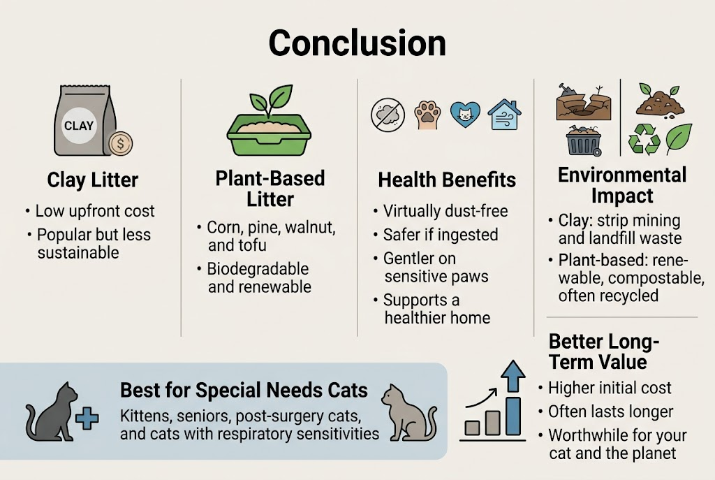 Create a clean, professional infographic in a full-bleed 3:2 landscape layout with a modern sans-serif font, soft neutral background, and accent colors of green, blue, and warm gray. Place a bold शीर्ष heading at the top center reading "Conclusion".

Use a wide, multi-section horizontal layout with four clearly separated blocks across the page, each with a simple icon and short text. Keep the design airy, balanced, and easy to scan.

Left section:
A gray clay litter bag icon and a small coin icon.
Heading text: "Clay Litter"
Body text: "Low upfront cost"
Body text: "Popular but less sustainable"

Second section:
A green plant-based litter box icon with leaves.
Heading text: "Plant-Based Litter"
Body text: "Corn, pine, walnut, and tofu"
Body text: "Biodegradable and renewable"

Third section:
A set of four small icons in a row: dust cloud with a slash, cat paw, cat health heart, and home air icon.
Heading text: "Health Benefits"
Body text: "Virtually dust-free"
Body text: "Safer if ingested"
Body text: "Gentler on sensitive paws"
Body text: "Supports a healthier home"

Fourth section:
A split environmental comparison graphic with a damaged mine pit and landfill bin on the left side of the block, and a compost pile, recycle symbol, and green leaf on the right side.
Heading text: "Environmental Impact"
Body text: "Clay: strip mining and landfill waste"
Body text: "Plant-based: renewable, compostable, often recycled"

Along the bottom in a wide banner, place a cat silhouette icon with a medical cross and a senior cat icon.
Heading text: "Best for Special Needs Cats"
Body text: "Kittens, seniors, post-surgery cats, and cats with respiratory sensitivities"

At the lower right, place a simple value chart icon or upward arrow with stacked bars.
Heading text: "Better Long-Term Value"
Body text: "Higher initial cost"
Body text: "Often lasts longer"
Body text: "Worthwhile for your cat and the planet"

Use clear iconography, subtle dividing lines, strong visual hierarchy, and bold section headings. Keep all text large, crisp, and legible, with no extra words beyond the quoted text.